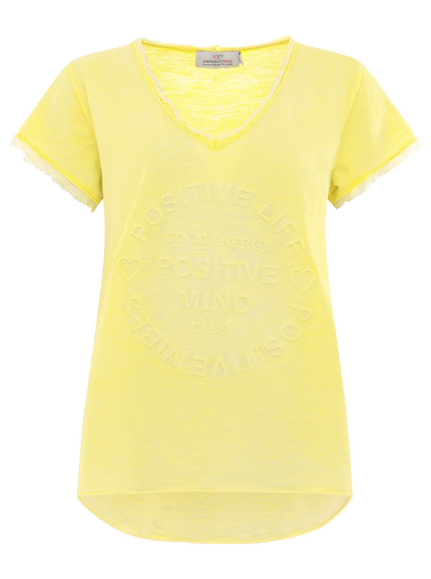 Zwillingsherz T-Shirt "Positive Mind" V-Ausschnitt, Kurzarm, Used-Look, Bau günstig online kaufen