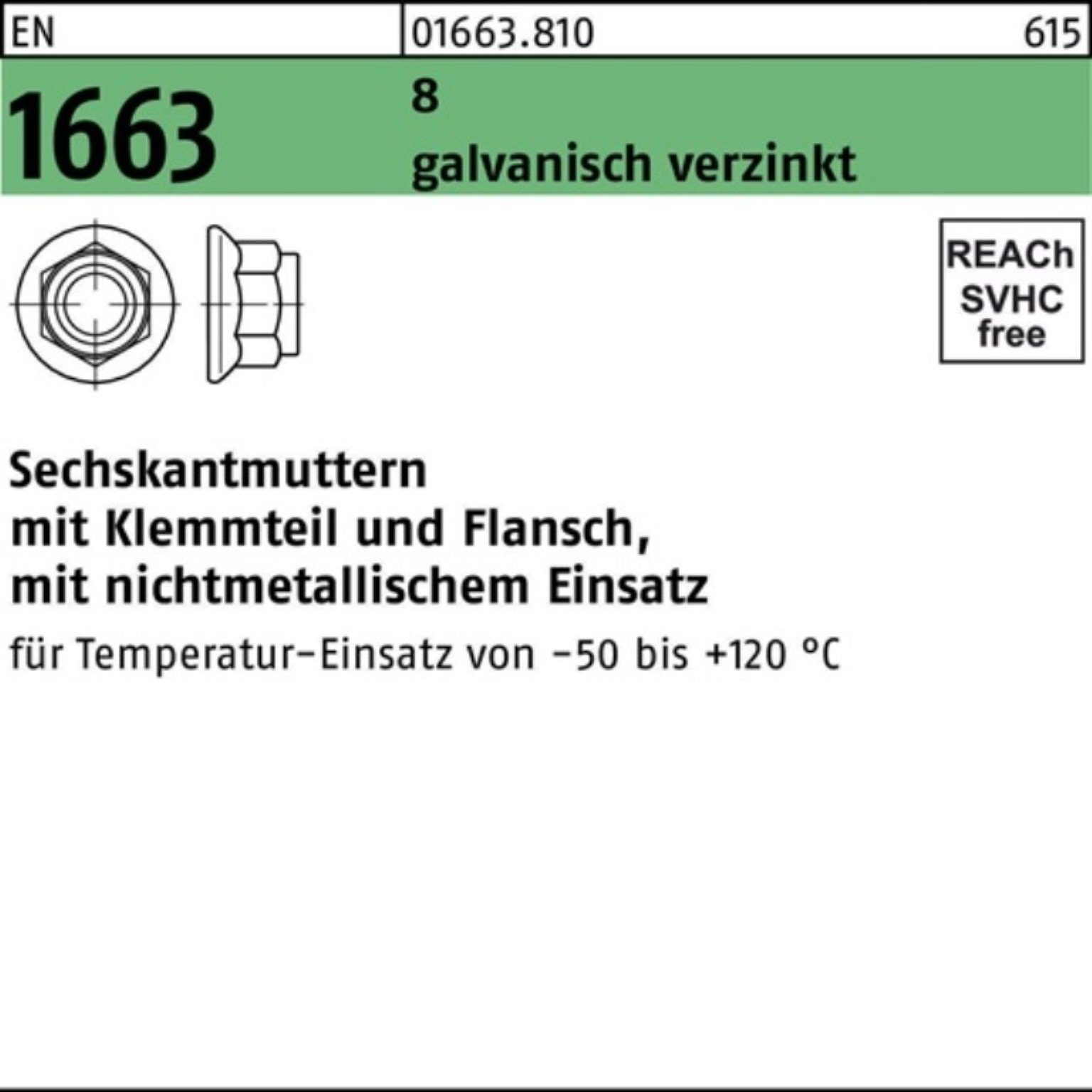 Reyher Muttern 100er Pack Sechskantmutter EN 1663 Klemmteil/Flansch M6 8 galv.verz. 1