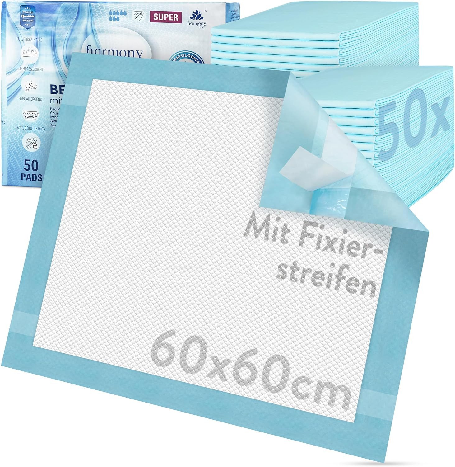 Inkontinenzauflage Bettunterlage mit Fixierstreifen, saugstarke Inkontinenzunterlage Harmony Care, rutschfeste Inkontinenzunterlage Einweg