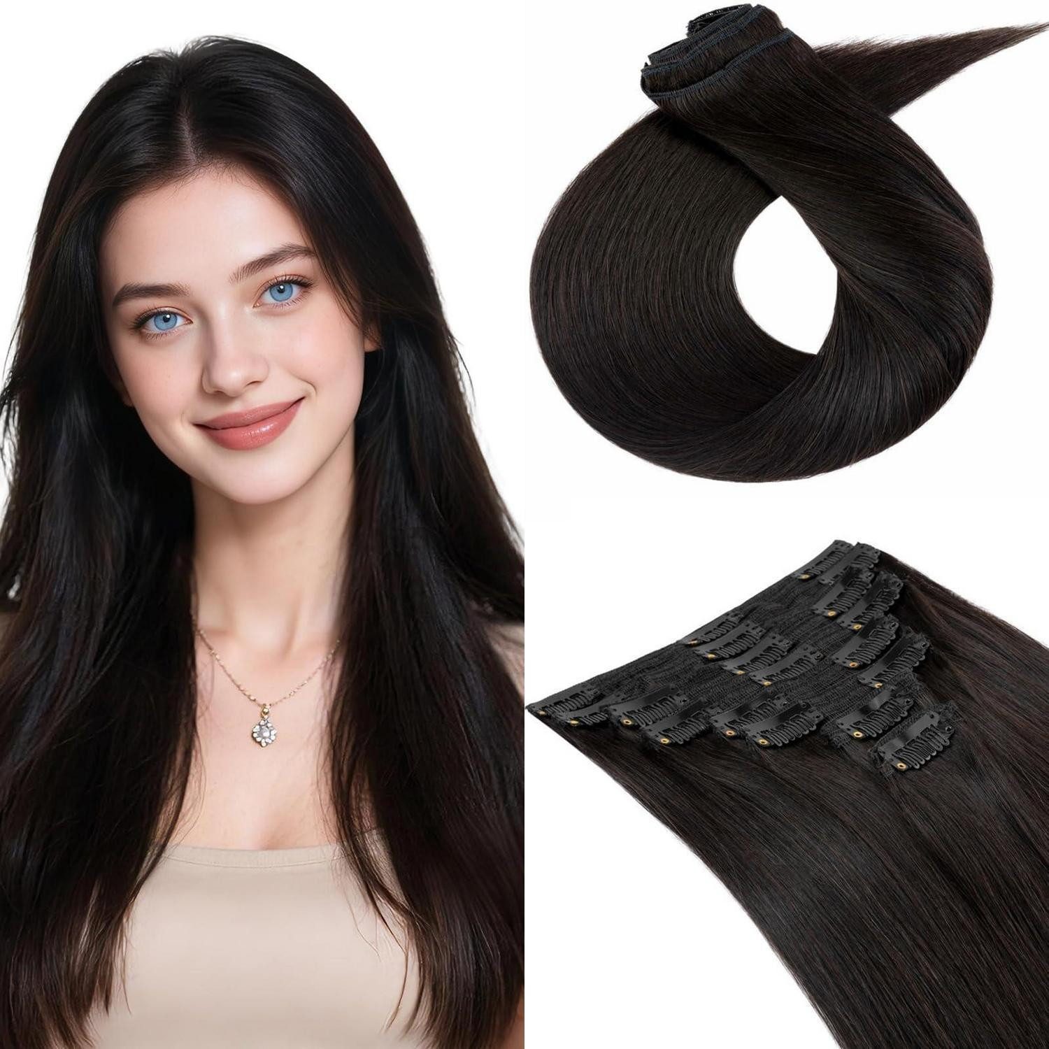 Echthaar-Extension Haarverlängerung Echthaar Clip 1B Natürliches Schwarz 35cm-120g