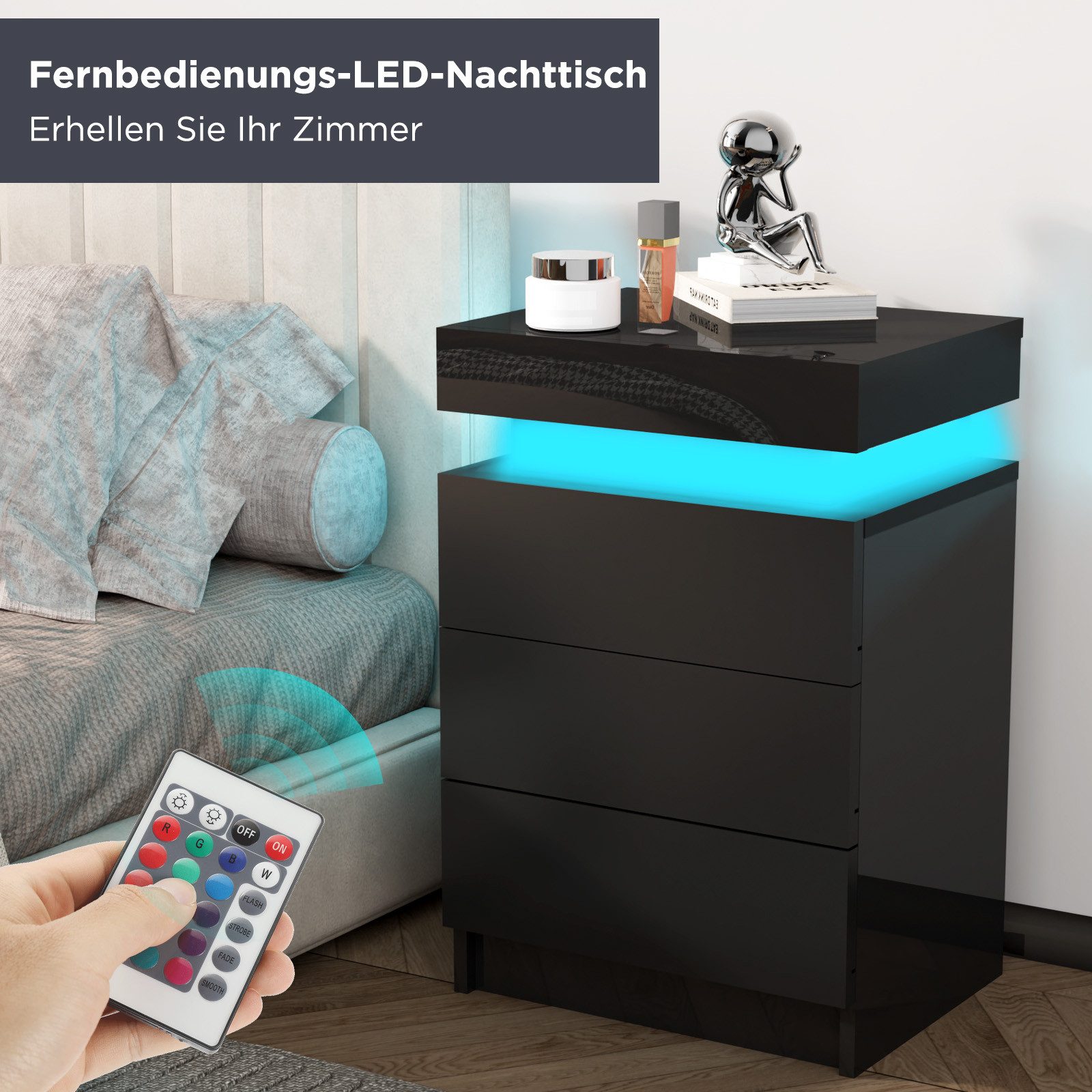 oyajia Nachttisch Hochglanz Nachtschrank mit 2 Schubladen,LED-Beleuchtung 16 Farben (Nachttisch mit LED Streifen, Beistelltisch), Nachttisch mit einstellbare Fa – Bild 3 von 5