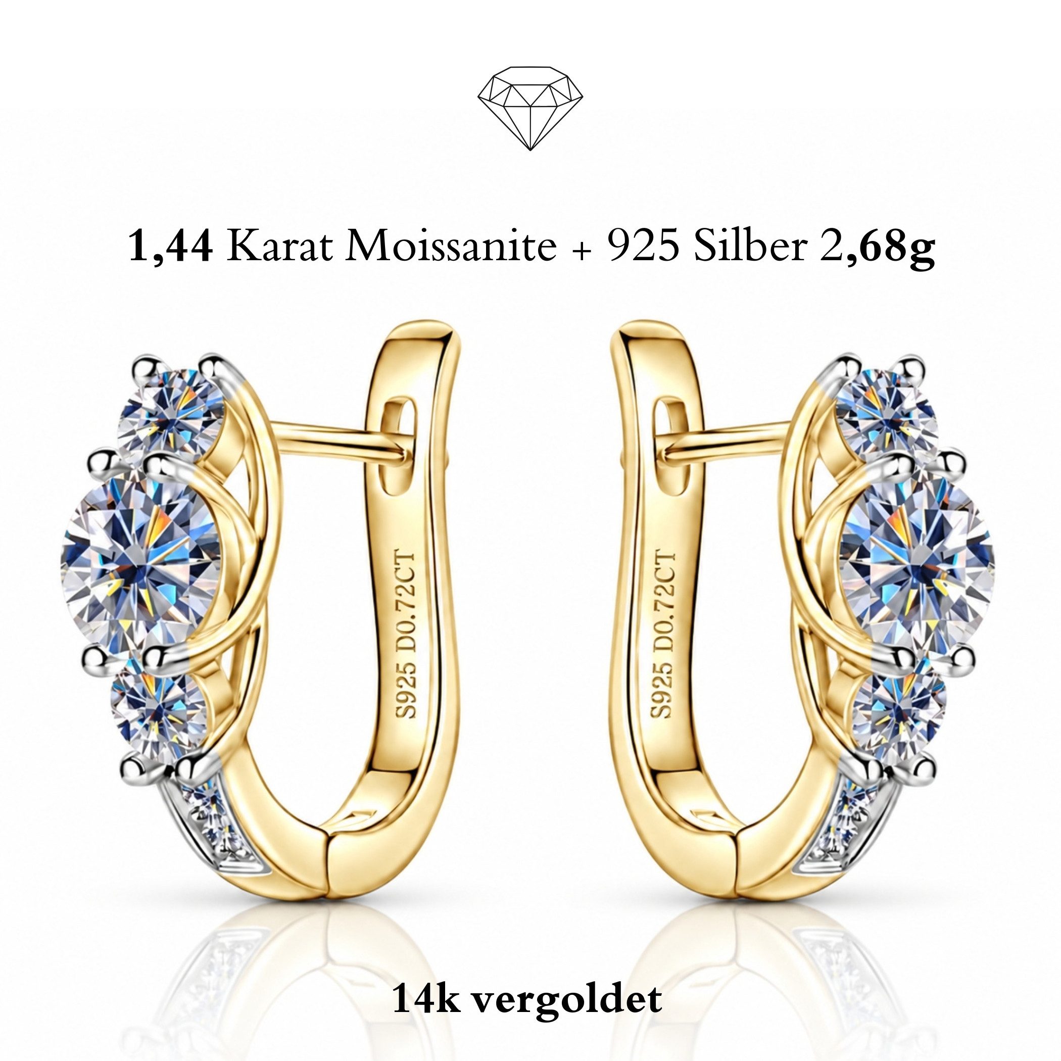 UNIQAL.de Paar Creolen Damen ISADORA – Moissanit Ohrringe aus 925 Sterling Silber vergoldet (funkelnder Brillantschliff, eleganter Damenschmuck als Geschenk, inkl. Luxus Etui & GRA Zertifikat), Premium-Qualität, hautverträgliche Materialien und dauerhafter Glanz
