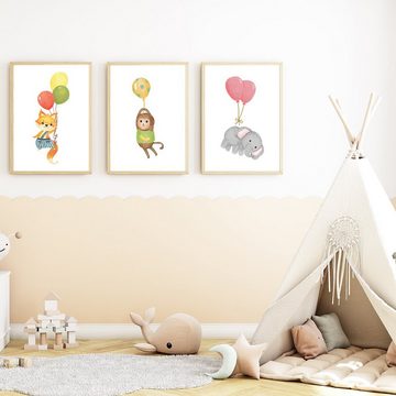 Tigerlino Poster Luftballon Tiere 3er Set Kinderzimmer Bilder Fuchs Affe Elefant