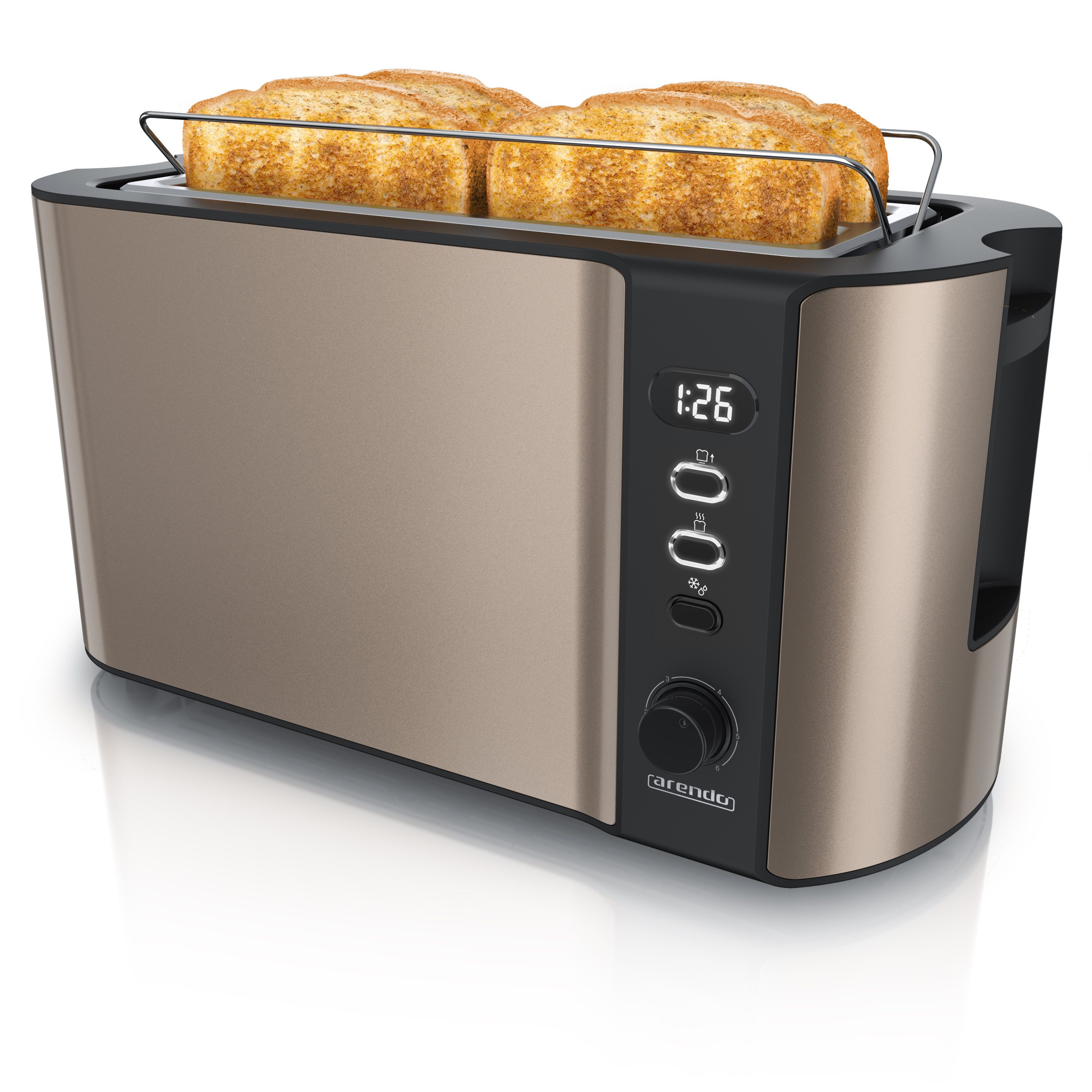 Arendo Toaster Edelstahl, Langschlitz, Display mit Restzeitanzeige, Krümelschublade, 2 lange Schlitze, für 4 Scheiben, 1500 W, Defrost Funktion, Wärmeisolierendes Gehäuse, mit Brötchenaufsatz