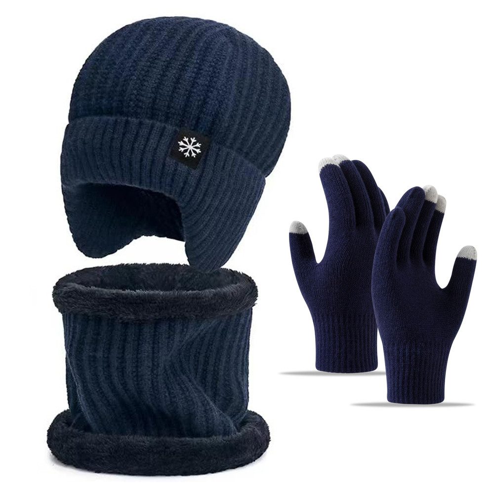 Coonoor Mütze & Schal 3 Stück Mütze Loop Schal Touchscreen Handschuh-Sets für Herren Damen (Beanie Strickmütze mit Warmem Wollfutter und Ohrklappen) Loop Schal Warme Handschuhe, Unisex 3-in-1 Winter-Set