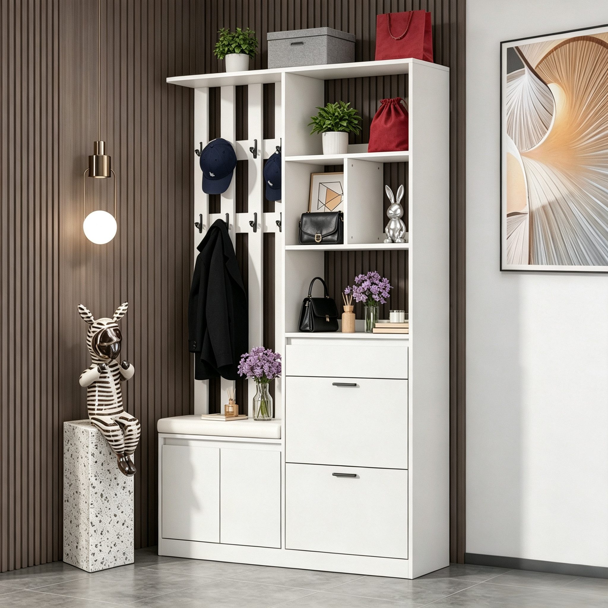 Merax Garderobenschrank mit Sitzbank, 2 Schuhklappen, Schublade, 2 Türen und 10 Haken (1-St) Flurgarderobe Garderobe für Eingangsbereich, 120x30x200cm – Bild 3 von 5