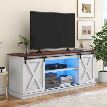 Merax TV-Schrank im Landhausstil mit LED, Lowboard mit Schiebetüren, Breite: 150cm