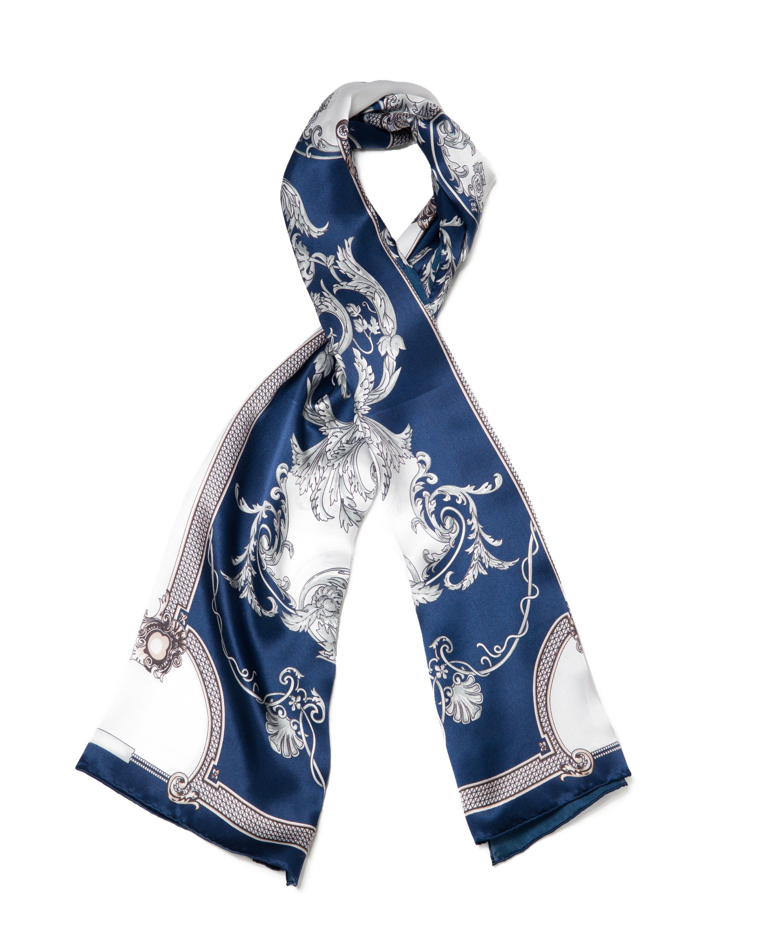 MayTree Seidenschal Floral Nachtblau Weiss, 55x175, leichter Damenschal, alljährig, (Stück, 1-St), 100% Seide