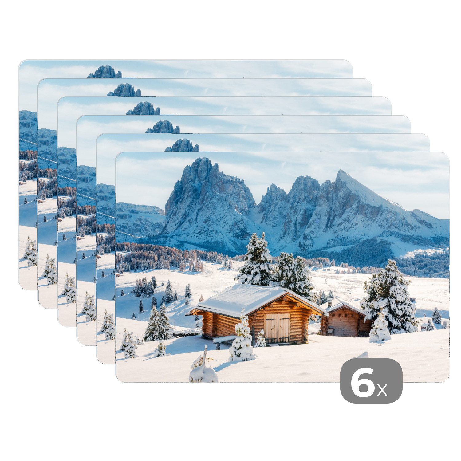 MuchoWow Platzset Winter - Hütte - Berge - Aussicht - Schnee, (6-St), Platz günstig online kaufen