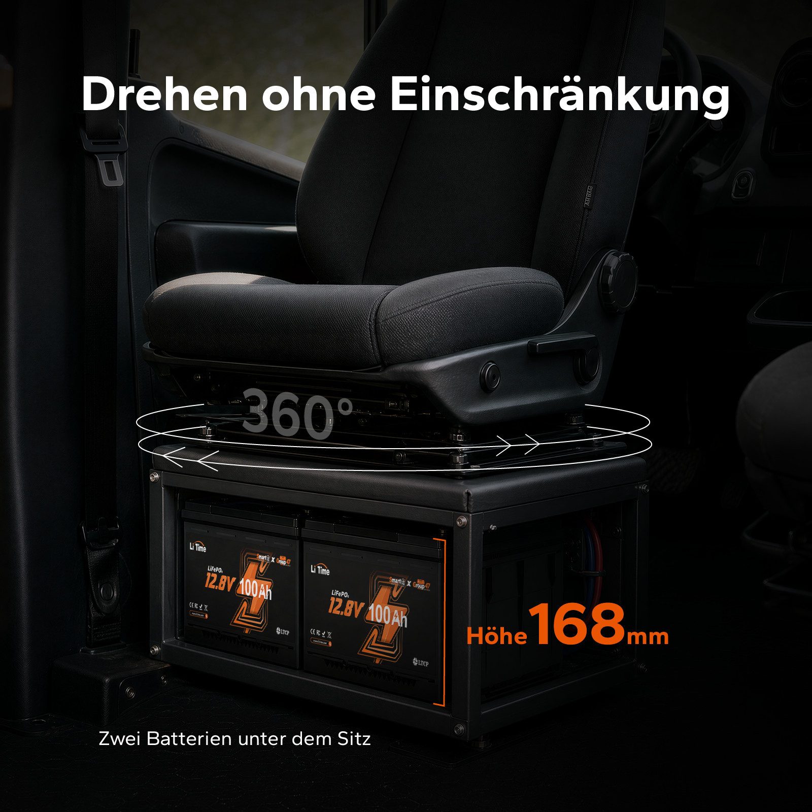LiTime 12V 100Ah LiFePO4 Batterie H168 DIN H5 mit Bluetooth Solarakkus 100000 mAh (12 V), Versorgungsbatterie für Wohnmobil Mini Camper, 240*176*168 mm