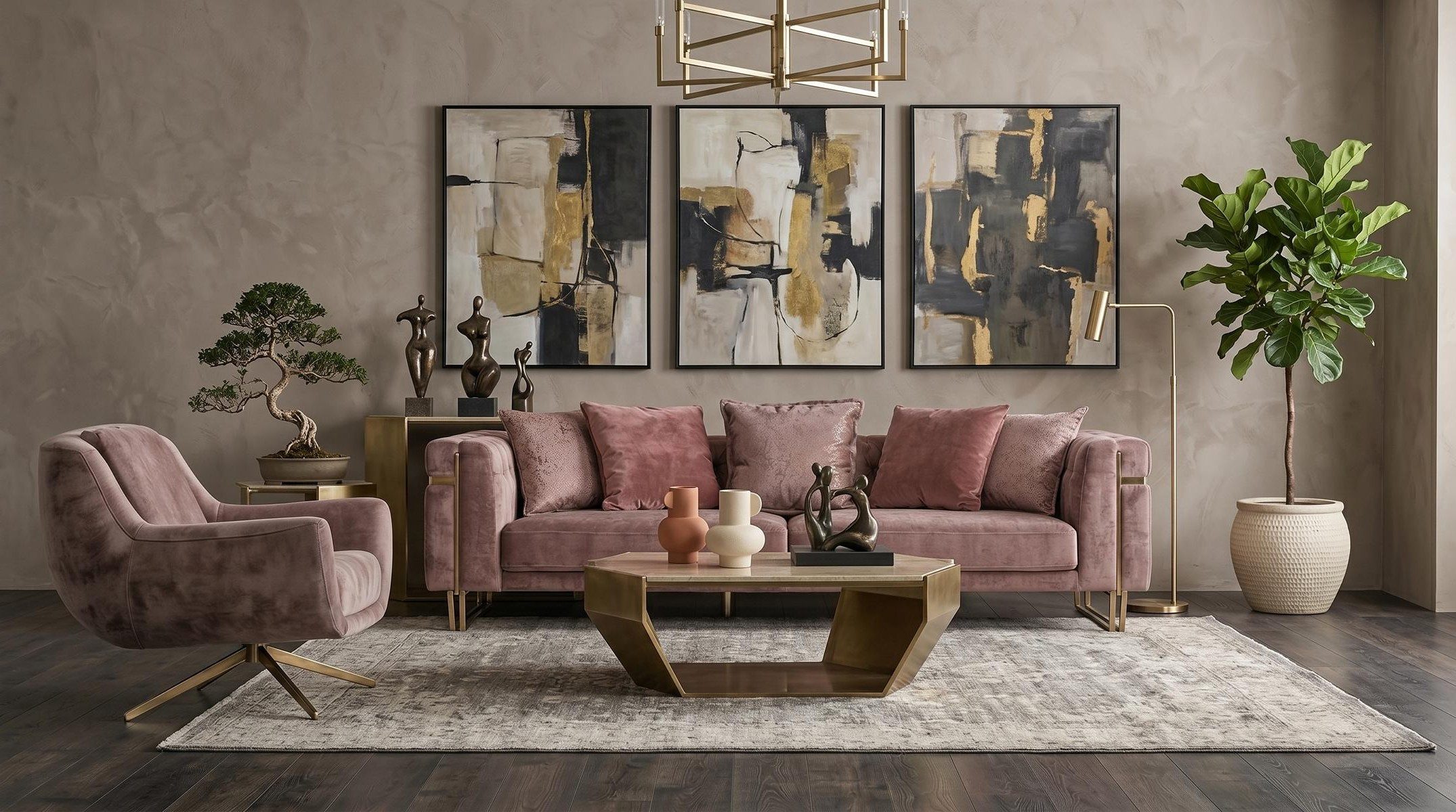 Xlmoebel 3-Sitzer Wohnzimmer Set 3 Sitzer Sofa Sessel Modern Rosa Harmonisch, 2 Teile, Einfarbig