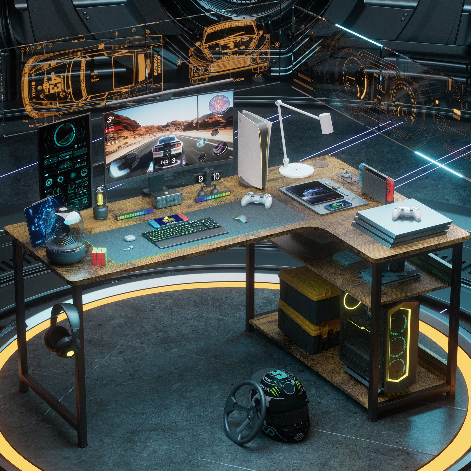 GTPLAYER Schreibtisch Gaming Tisch Eckschreibtisch mit Regal USB-Ladeanschluss und Steckdose (1 Tisch), 120/100cm Computertisch L Form, PC Tisch für Büro, Heimb – Bild 4 von 5