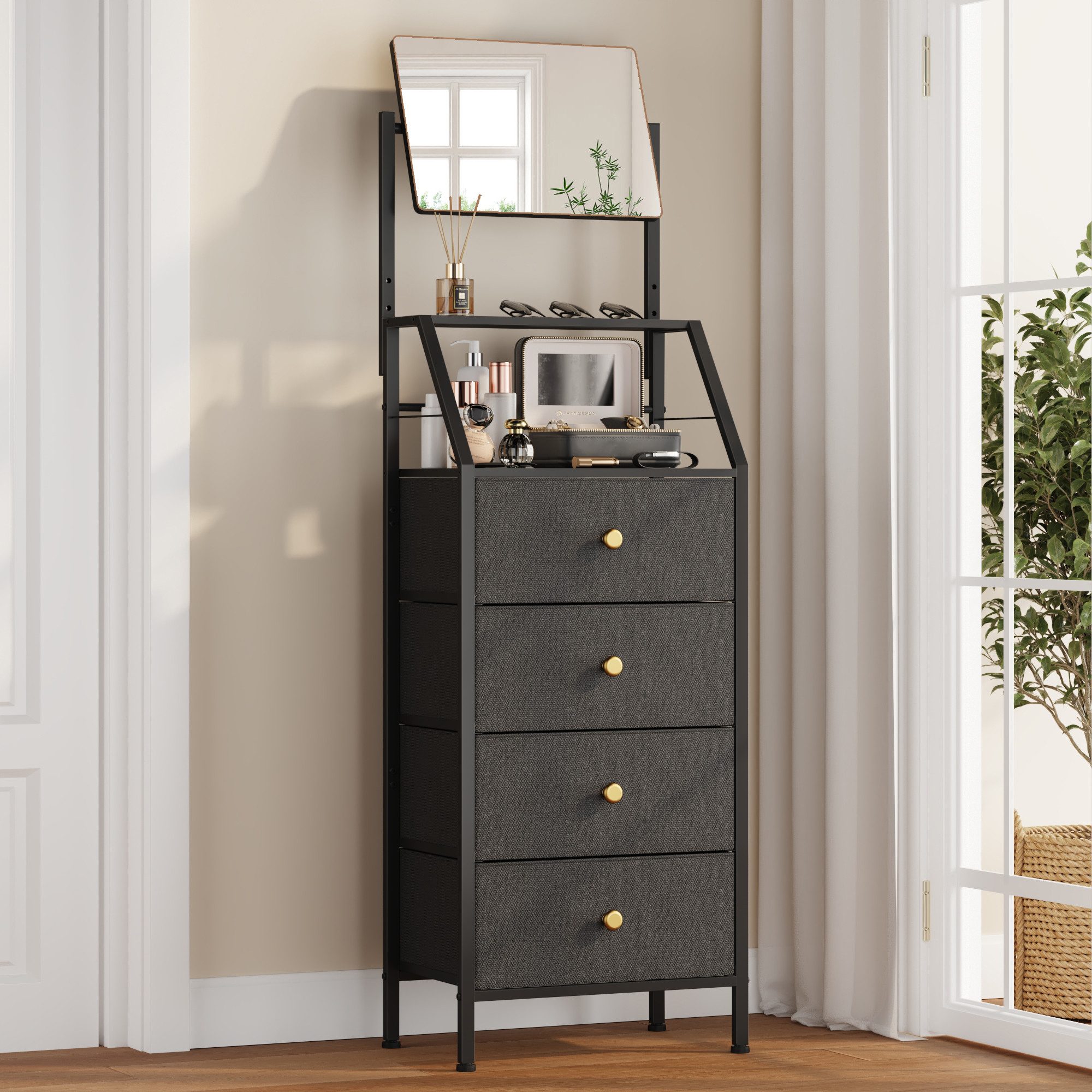 OYRREU Schubkastenkommode mit verstellbarem Spiegel, Schminkschrank, 4 Stoffschubladen (2-in-1 Spiegel-Kommode), platzsparendes Hochdesign, kippsicher