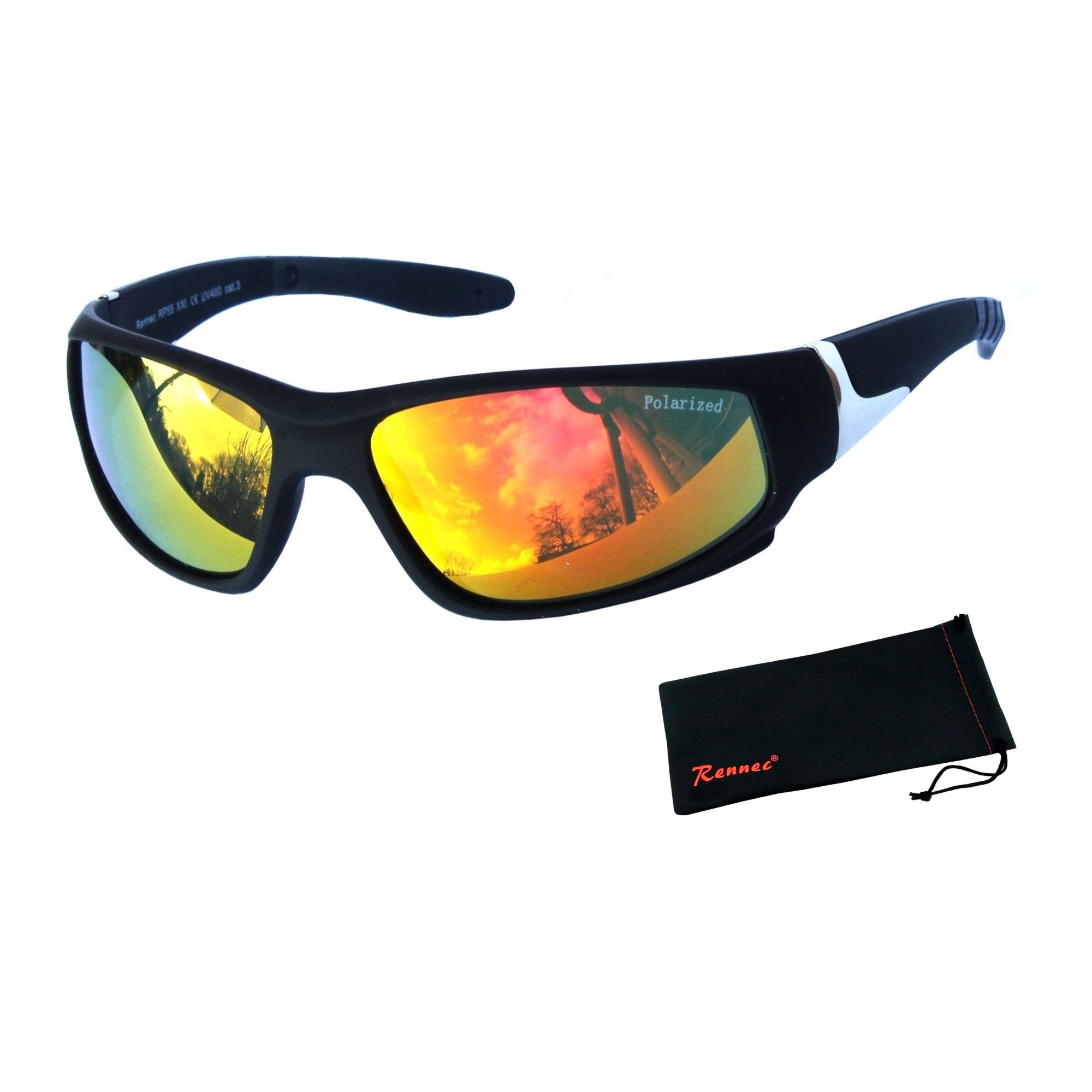 Rennec Sonnenbrille (Outdoor Sonnenbrille Radbrille Sportbrille Leichtgewicht mit Brillenbeutel) Wrap Around Schwarz Matt Gläser Polarisiert Orange Verspiegelt