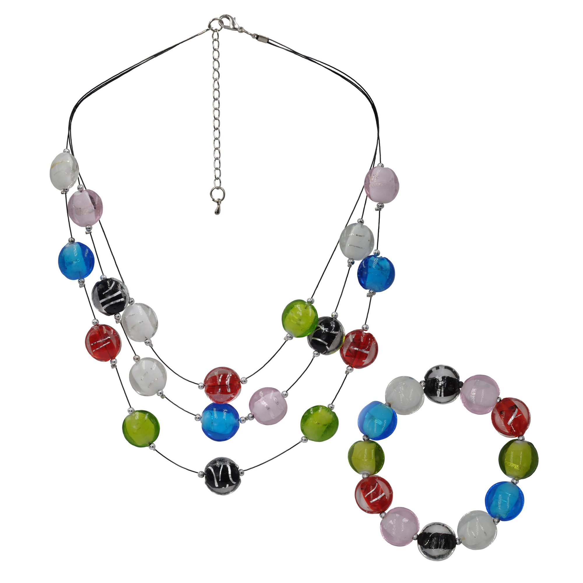 Steuer Collierkettchen Set aus Collier und Armband mit bunten Glassteinen