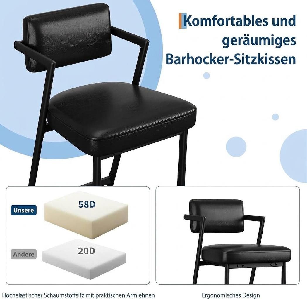 GarveeMore Barhocker 2er-Set mit dicker Polsterung und verstärkten Metallbeinen 68cm hohe, Barhocker mit Arm- und Fußstütze für Kücheninsel,Tresen oder Küche