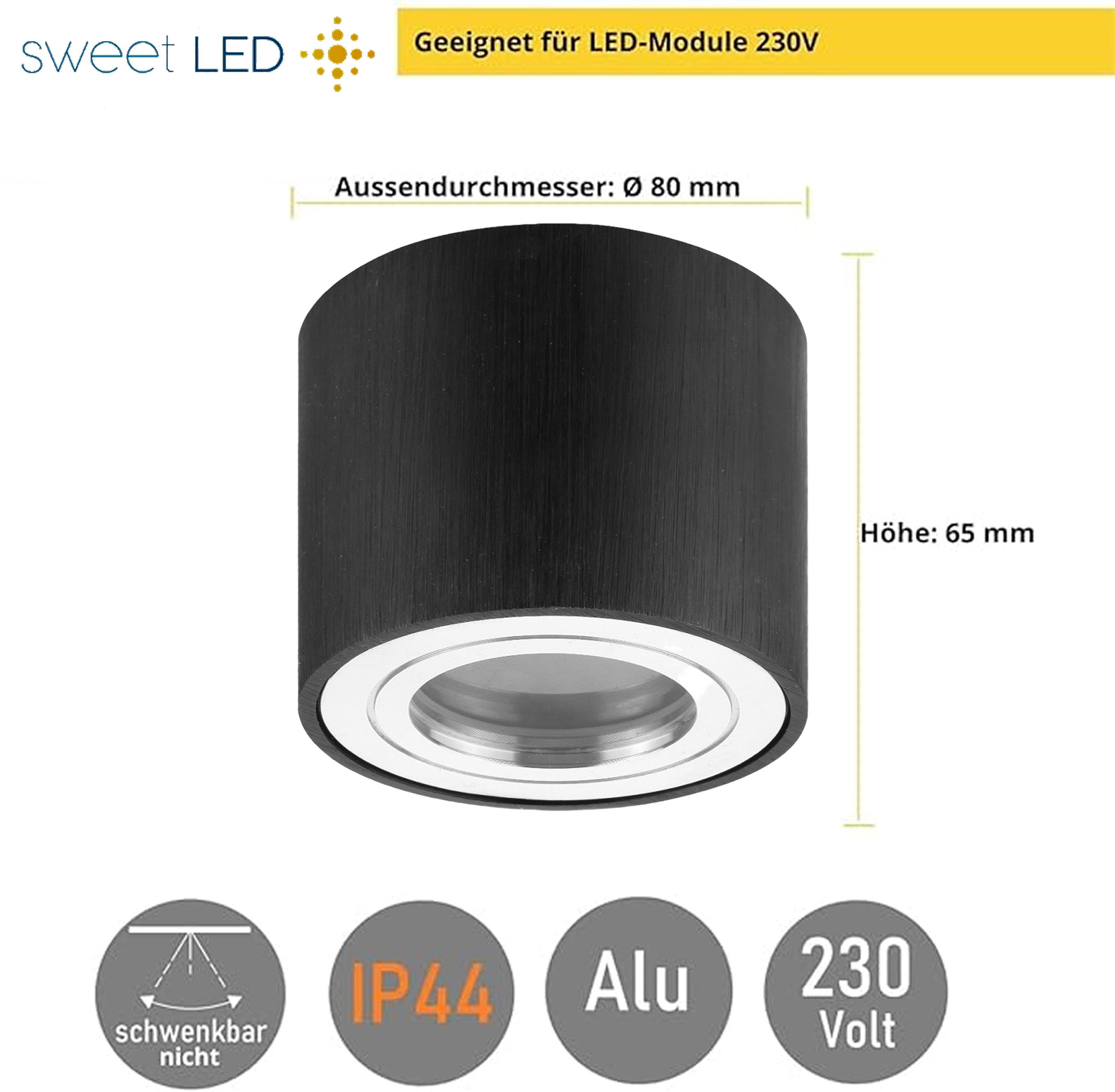 Sweet LED Aufbauleuchte flach IP44 Aluminium Deckenspot für Bad & Küche, ohne Leuchtmittel, Aufbaustrahler LED, Aufbauspot, Deckenstrahler