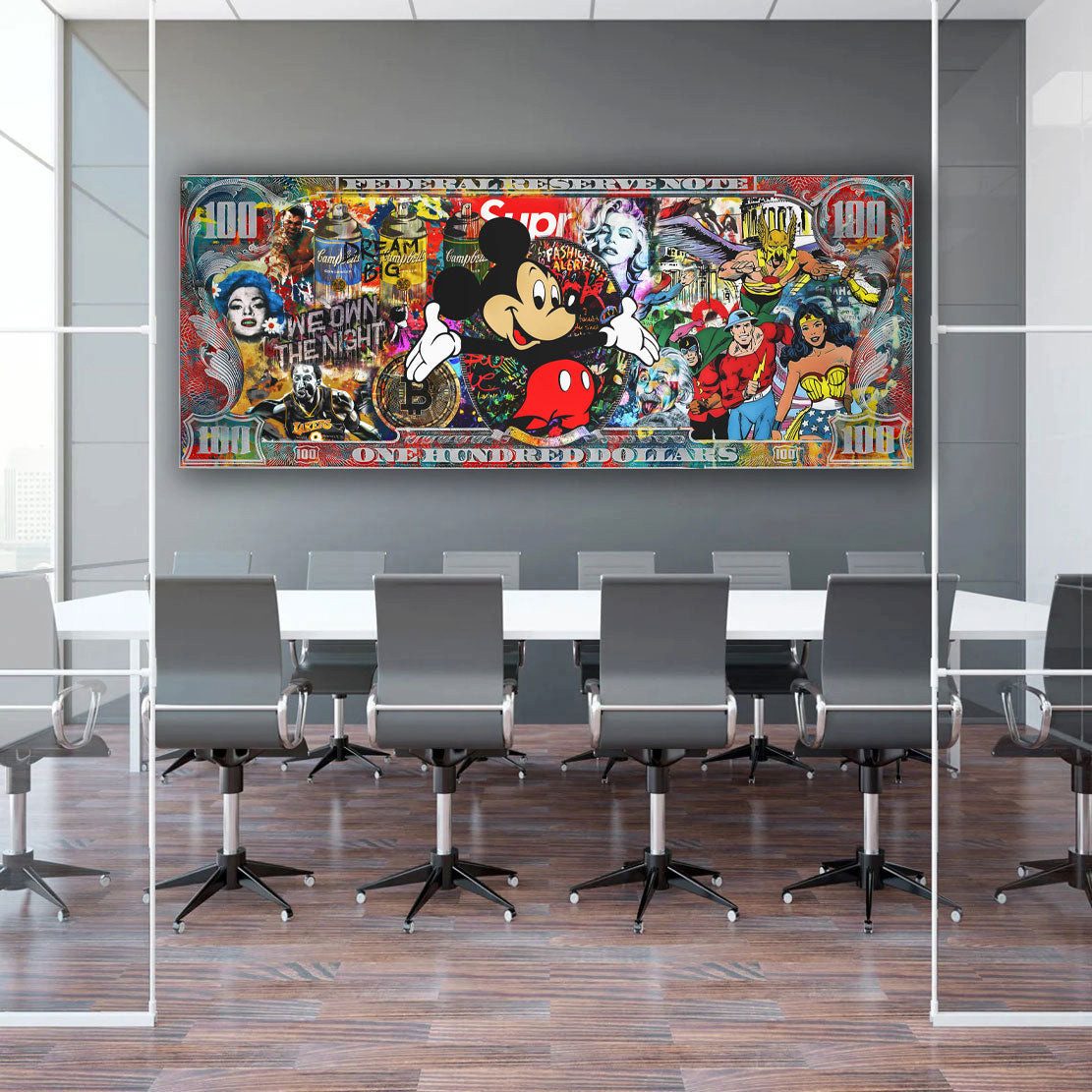 Artedinoi Leinwandbild Dollar Pop Art Maus Leinwandbild Wandbild Deko XL Kunst, Comic-Maus mit Dollarscheinen