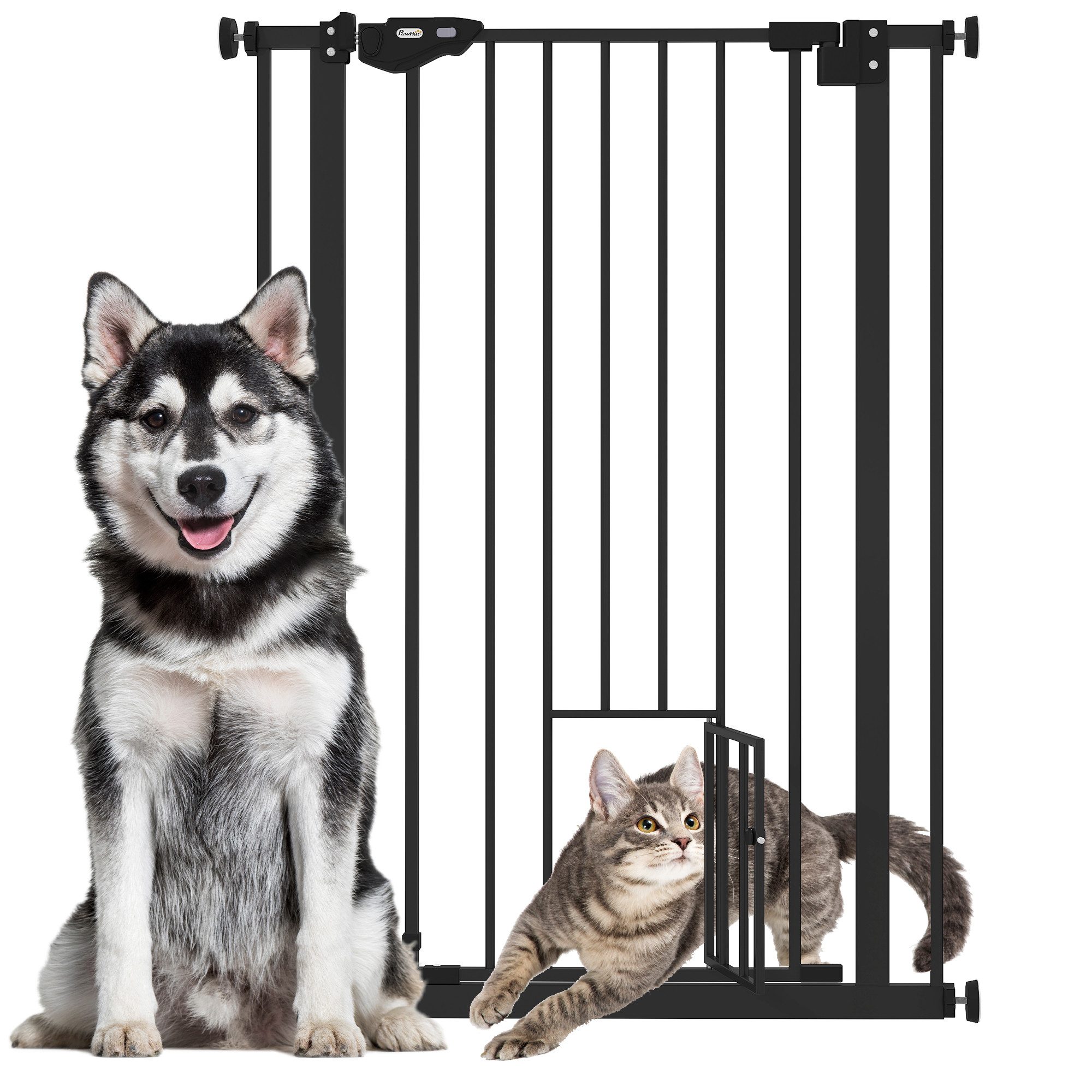 PawHut Hundegitter Türschutzgitter Ohne Bohren mit Auto-Close, Einhand Öffnung (Absperrgitter, 1 St., Türschutzgitter), für Garten, Balkon, Schwarz – Bild 2 von 5