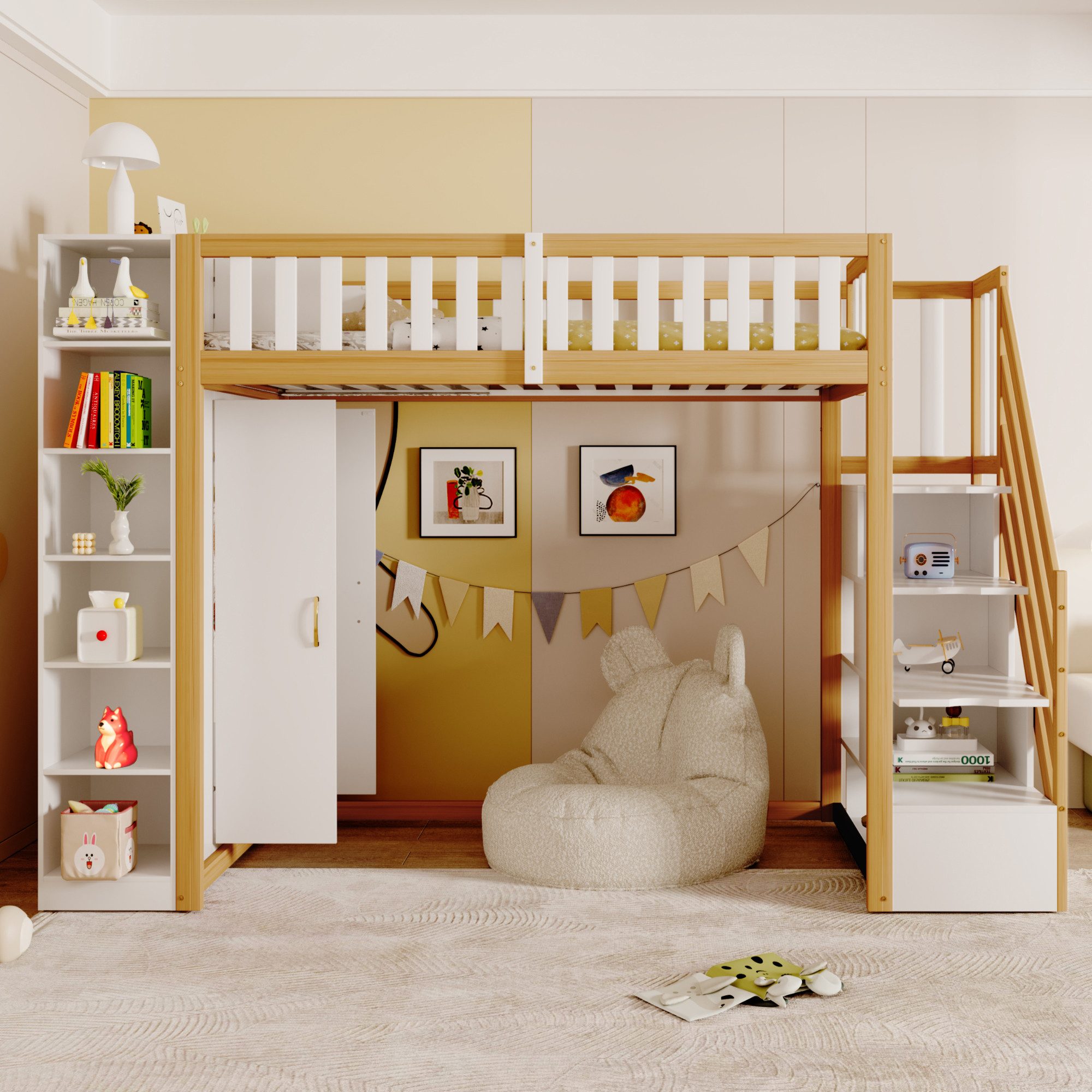 OKWISH Hochbett Kinderbett,Einzelbett,Stauraumbett,mit Stauraum, Regalen (90x200 cm mit Sicherheitsleiter, Stauraum und Kleiderschrank, 90x200cm) ohne Matratze