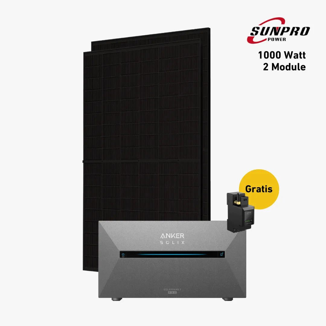 Balkonstrom Balkonkraftwerk 1000 Watt mit Speicher, Anker 2 Pro, Komplettset, Bifazial, 1000 W, Monokristallin, (Anker SOLIX Solarbank 2 E1600 PRO Stromspeicher), Made in Germany Kabel
