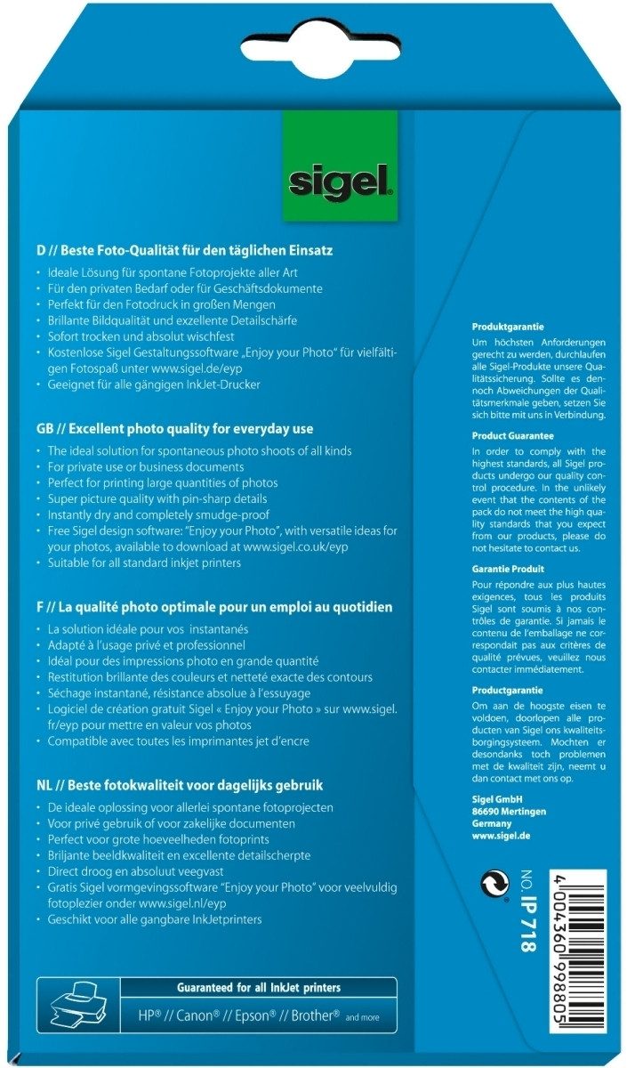 Sigel Fotopapier Fotopapier Everyday plus 10x15cm 200g/qm weiß glänzend VE20+4 Blatt