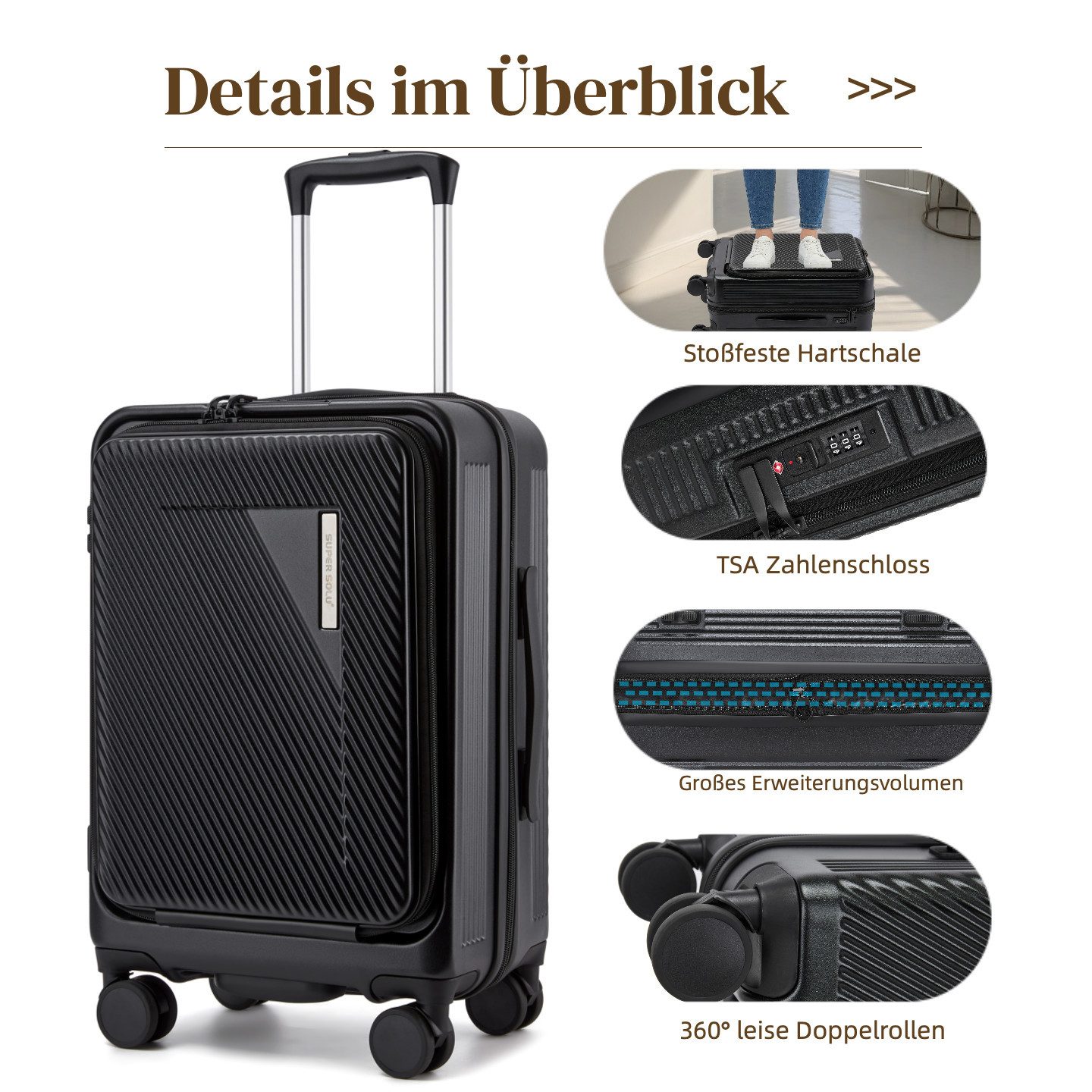 Super Solu Handgepäck-Trolley Hartschalenkoffer 55cm PC erweiterbar mit Frontöffnung & Laptopfach, 4 Rollen, Reisekoffer mit TSA-Schloss & 4 x 360° Doppelrollen, Schwarz