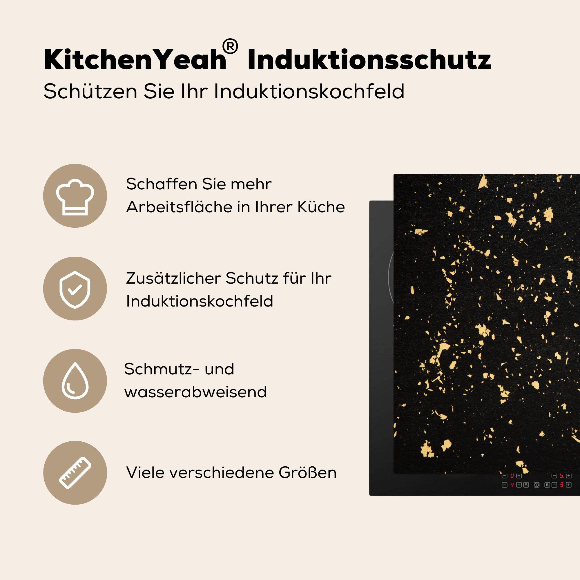 Induktionsmatte MuchoWow die für Vinyl, auf Ceranfeldabdeckung (1 cm, 59x52 tlg), Herdblende-/Abdeckplatte küche, schwarzem Goldene Flocken Hintergrund,
