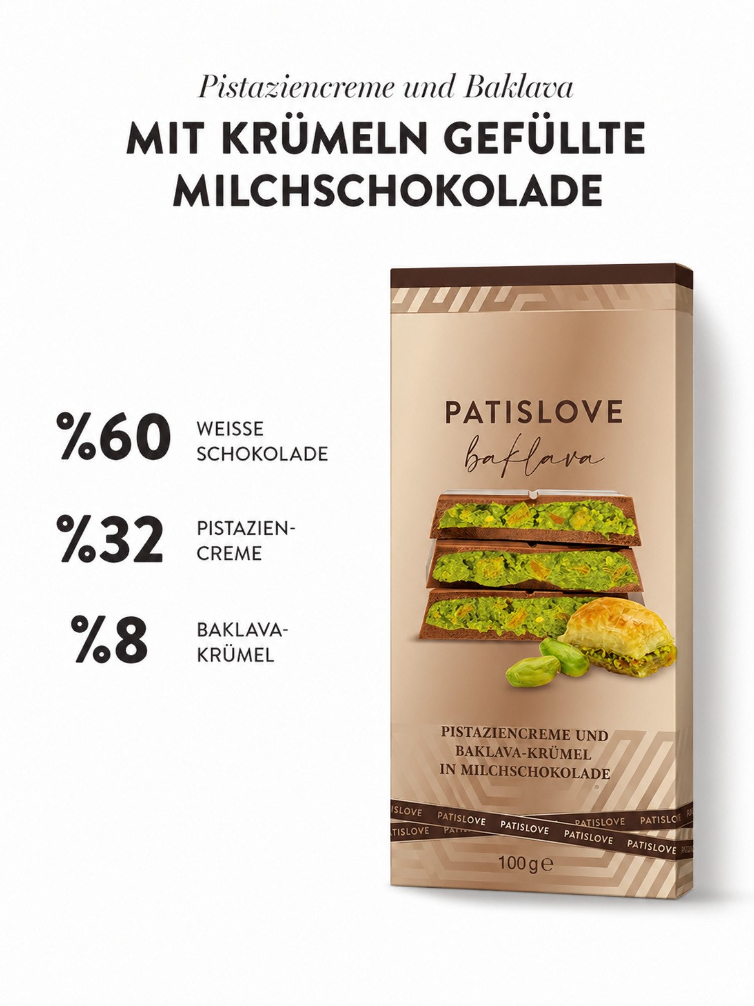 PATISLOVE Schokolade Milchschokolade mit Pistaziencreme & Baklava-Stückchen 100g, ohne Konservierungsstoffe, ohne Farbstoffe