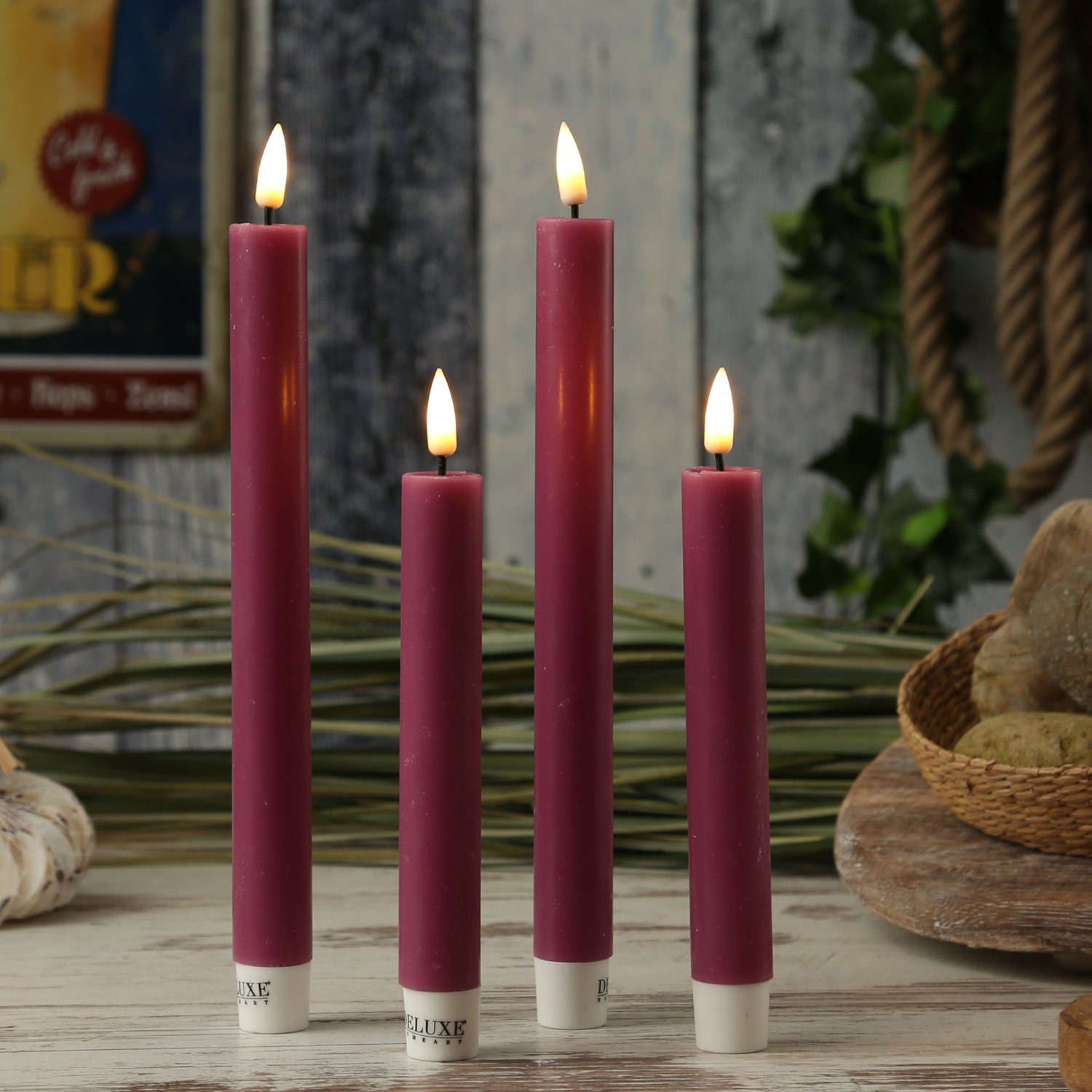 Deluxe Homeart LED-Kerze LED Stabkerzen Mia Tafelkerzen Echtwachs flackernd H: 24cm malve 2St, LED Classic, warmweiß (2100K bis 3000K)