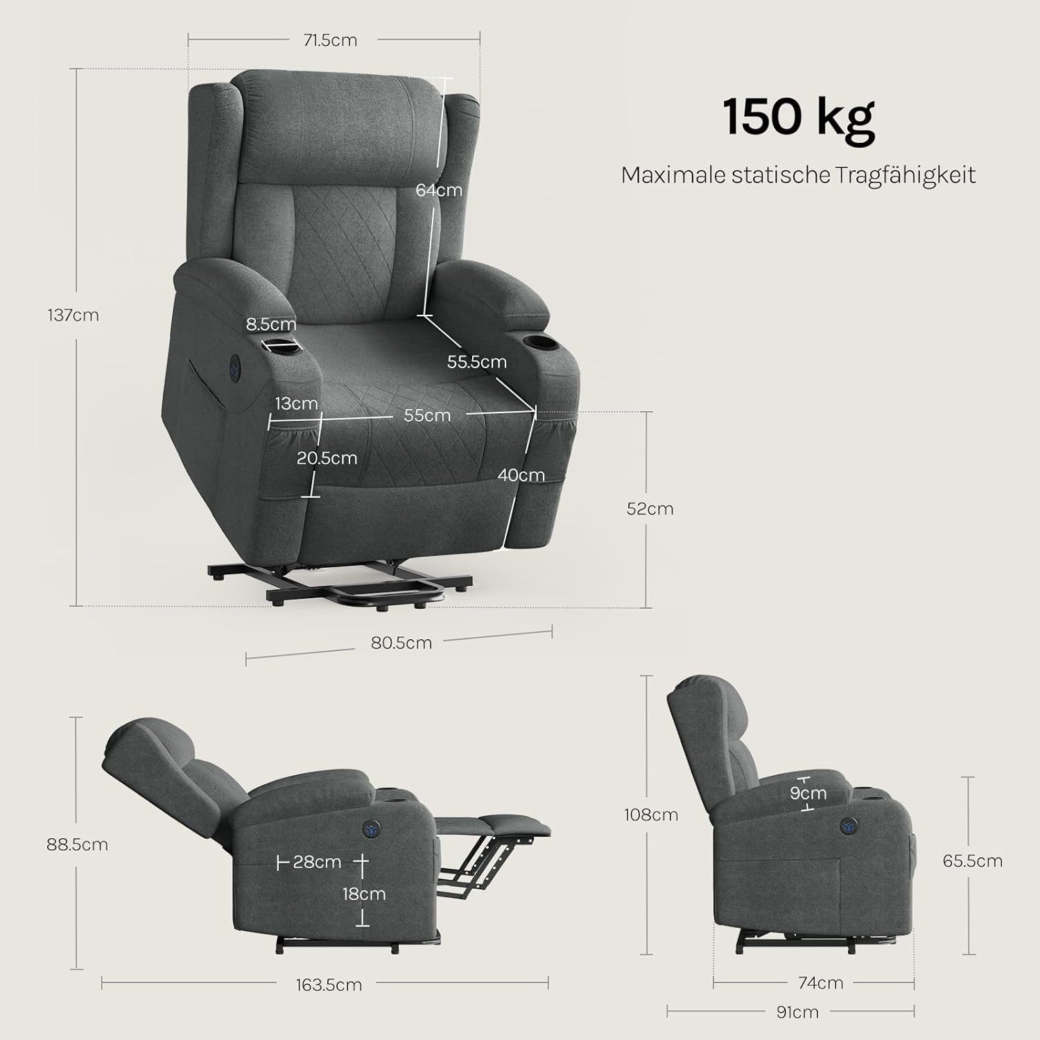 Woltu Massagesessel, elektrisch verstellbar, mit Liegefunktion Aufstehhilfe, Frottee
