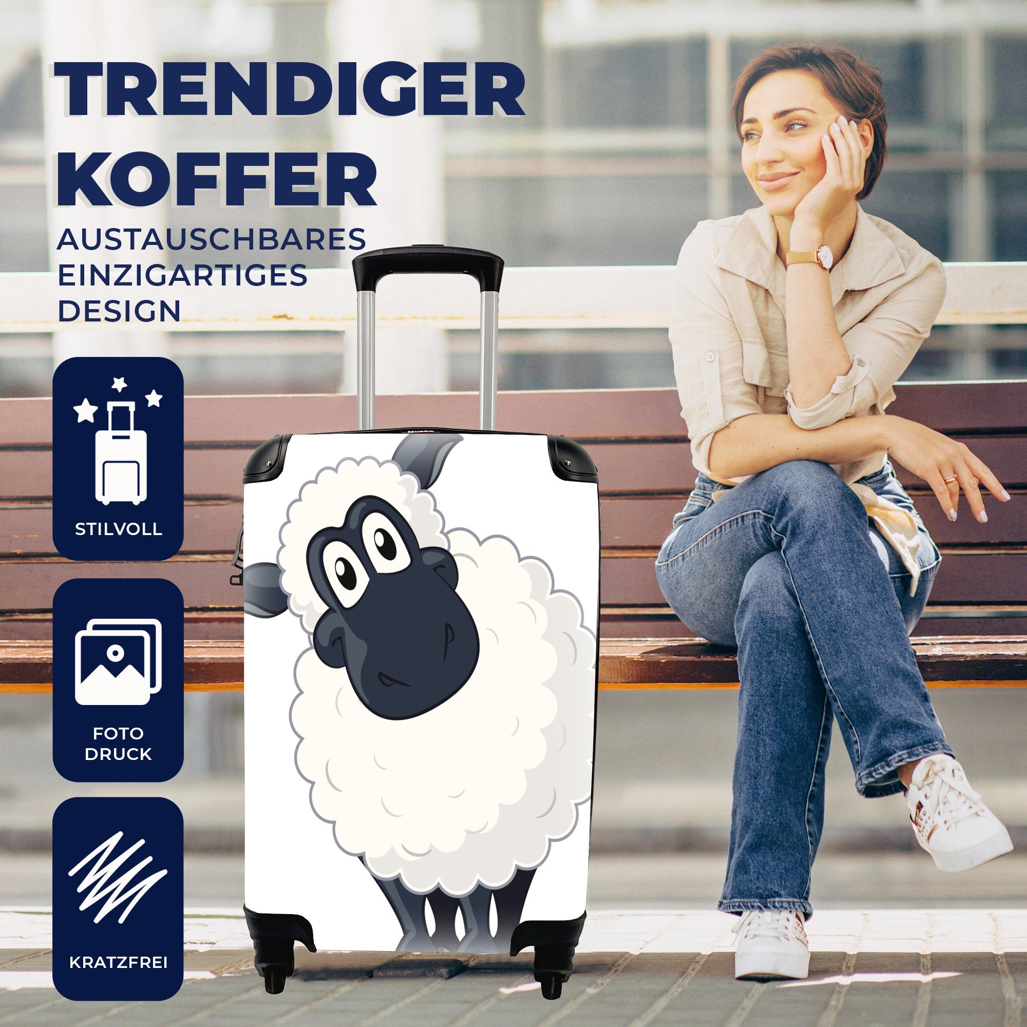 MuchoWow mit Trolley, auf Eine Hintergrund, für Handgepäck Schafes 4 Reisekoffer Ferien, Rollen, Illustration Reisetasche eines Handgepäckkoffer weißem rollen,