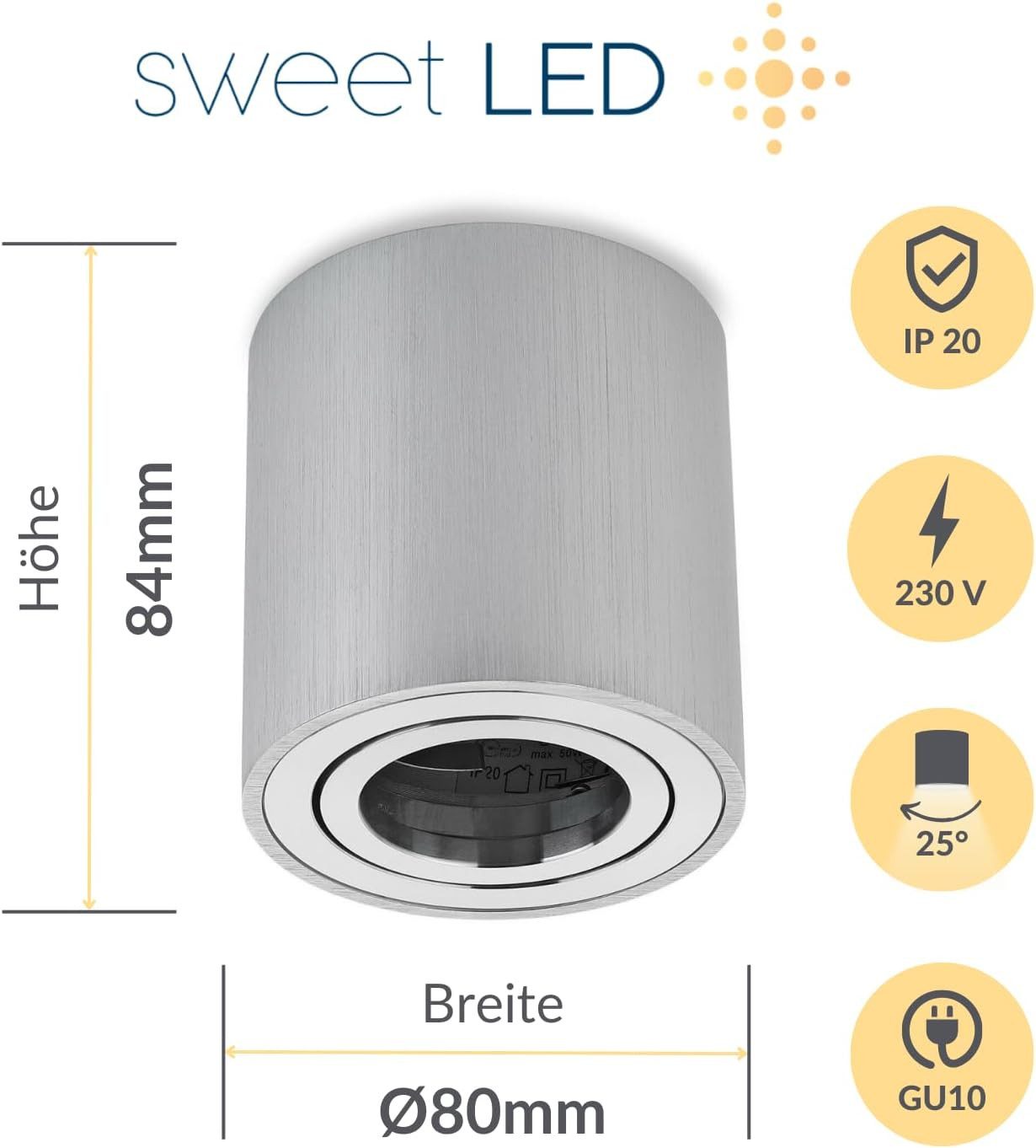 Sweet LED Aufbauleuchte GU10 4er Set runde Deckenspots Aluminium 230V schwenkbar, ohne Leuchtmittel, Aufbaustrahler LED, Aufbauspot, Deckenstrahler, schwenkbar