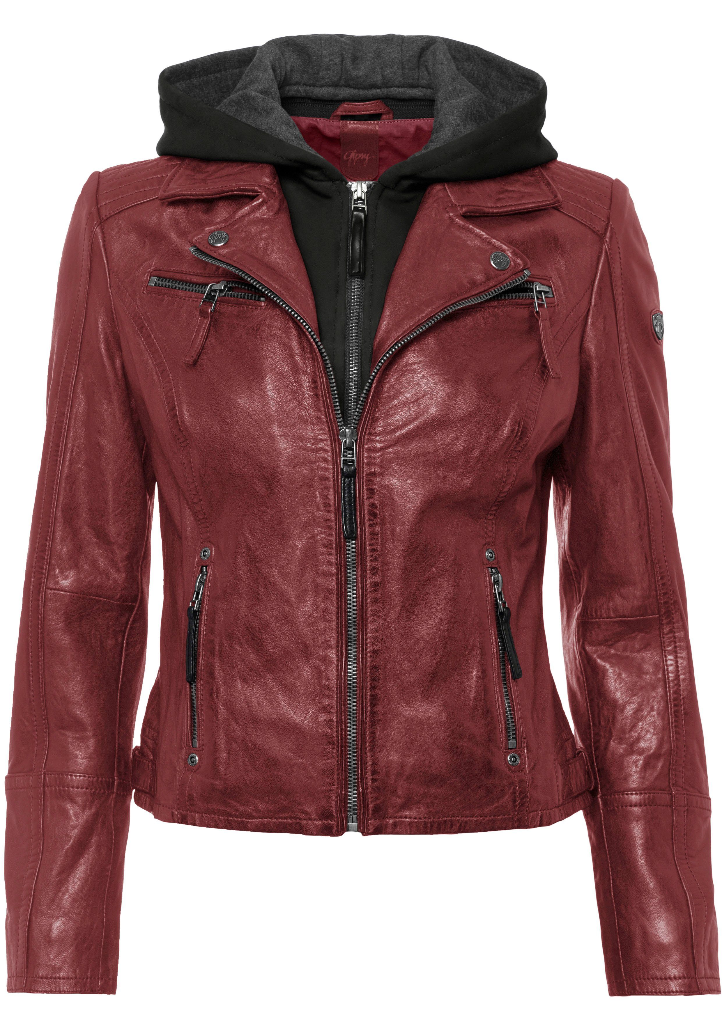 Gipsy Lederjacke Nola2 coole Biker mit Turndown Kragen & herausnehmbarem Kapuzen-Inlay