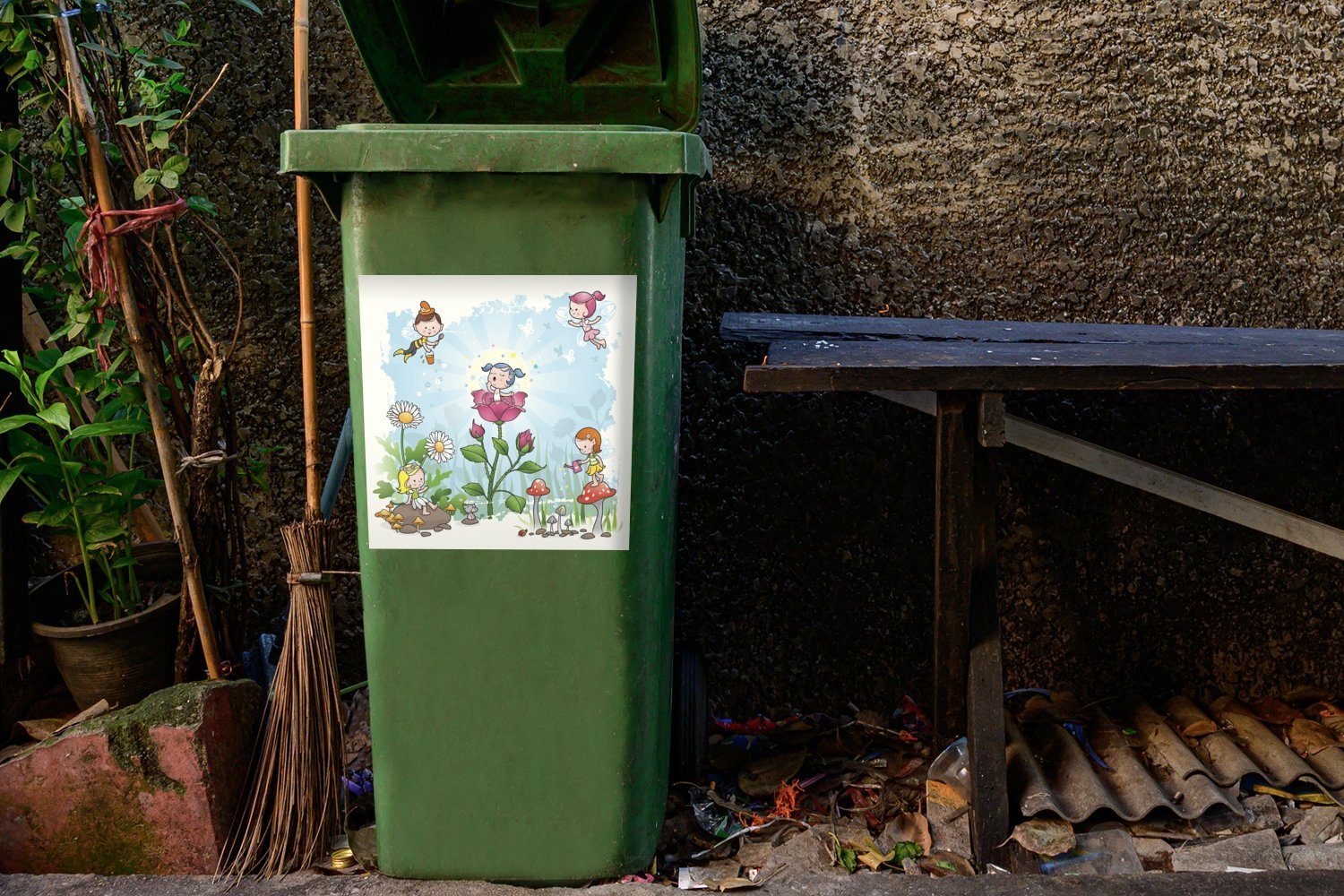 Illustration von Abfalbehälter Eine Sticker, Wandsticker MuchoWow Container, St), im Mülltonne, Garten Mülleimer-aufkleber, (1 Feen