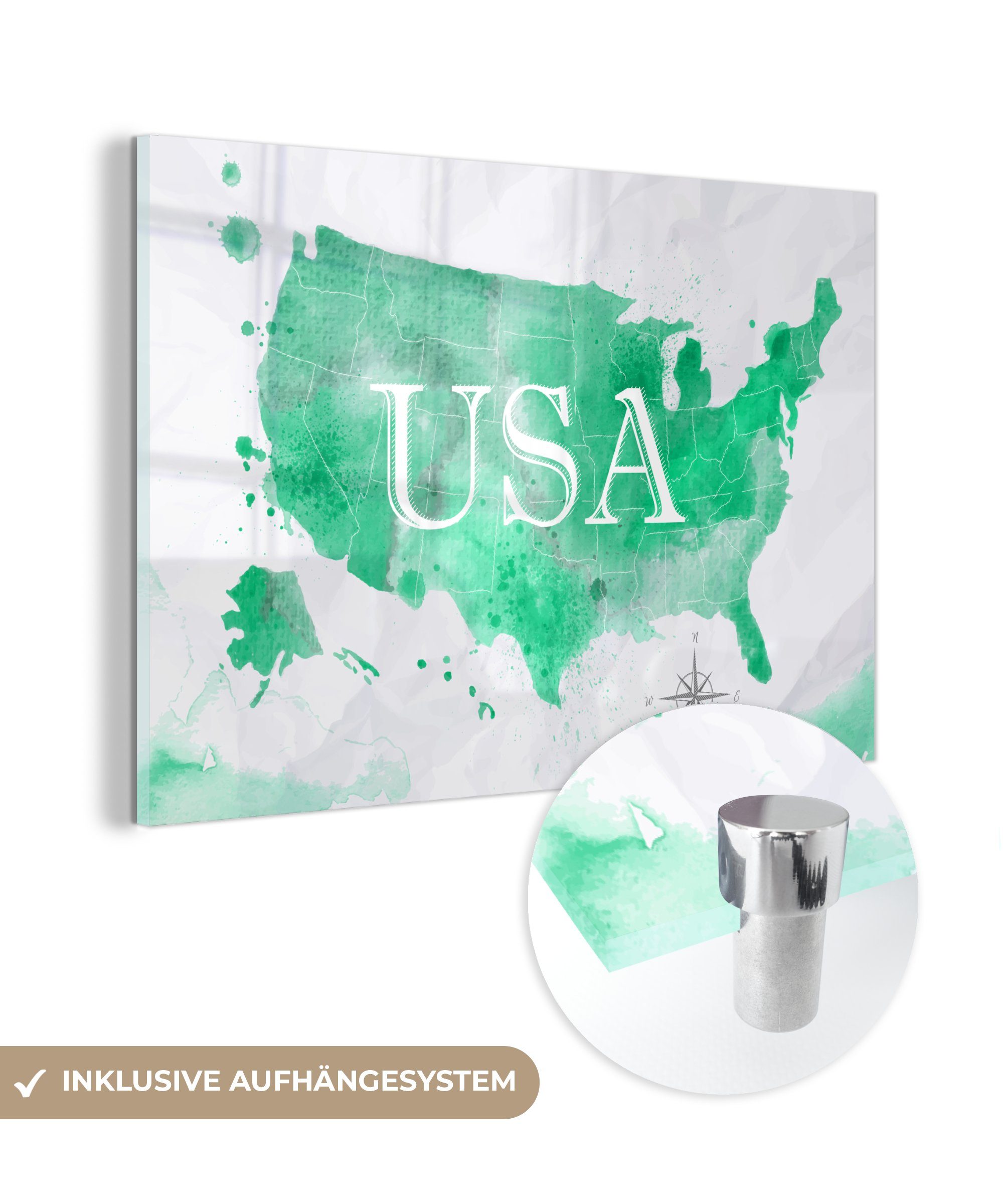 MuchoWow Acrylglasbild Weltkarte - Vereinigte Staaten - Grün, (1 St), Glasbilder - Bilder auf Glas Wandbild - Foto auf Glas - Wanddekoration