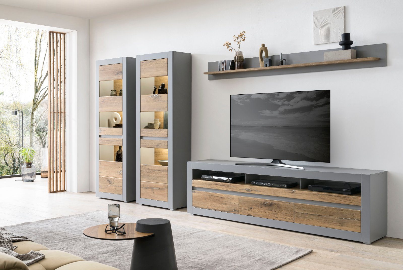 Furn.Design Wohnwand Tamaris, (Set 4-teilig, Soft-Close grau TV Lowboard 217 Türen großes Auszüge und mit matt cm, Eiche), und