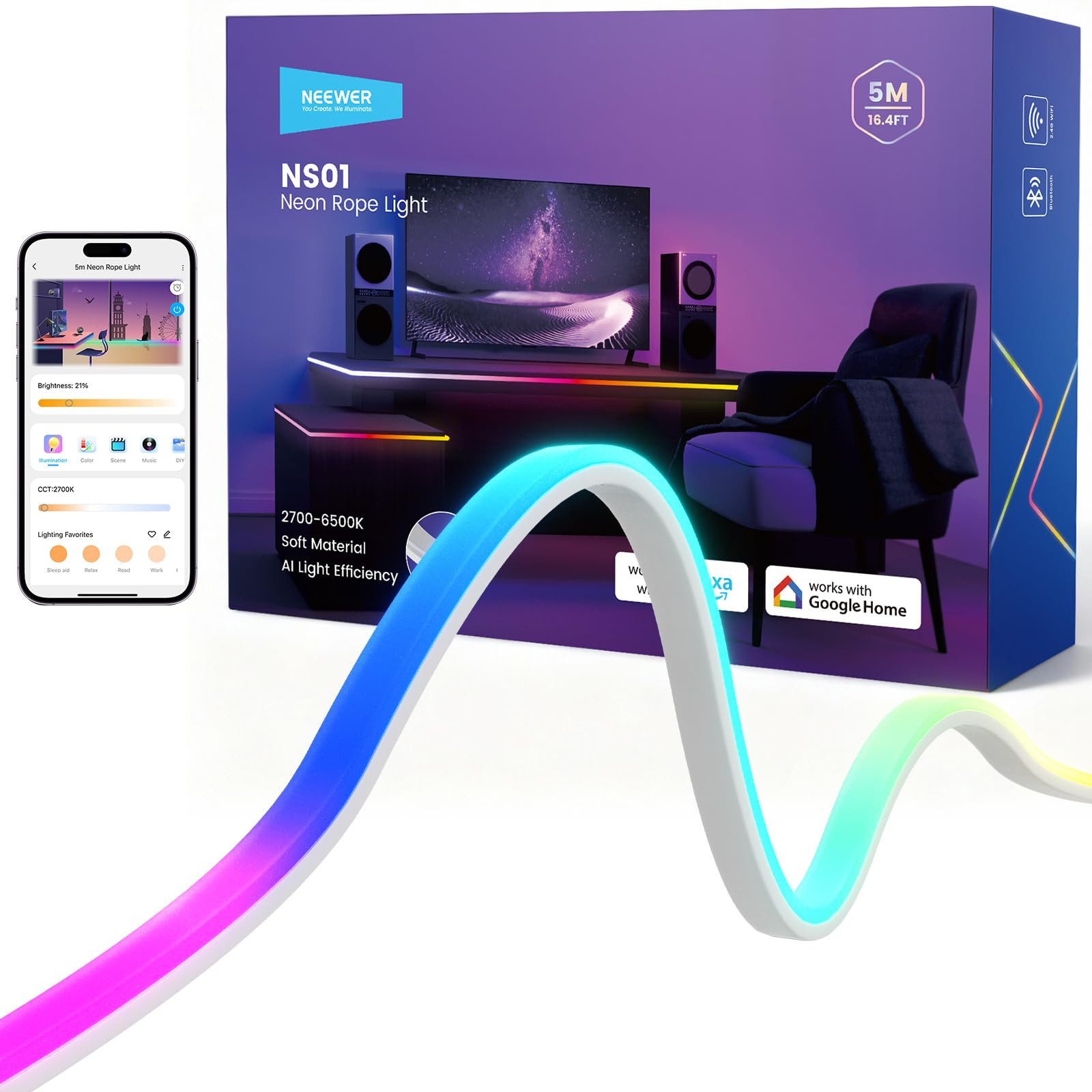 Neewer LED Stripe NS01 3/5m LED Lichtleiste frontbeleuchtet, RGB, Smart AI App Steuerung, Farbwechsel, zuschneidbar Lichterkette für Schlafzimmer Spielzimmer