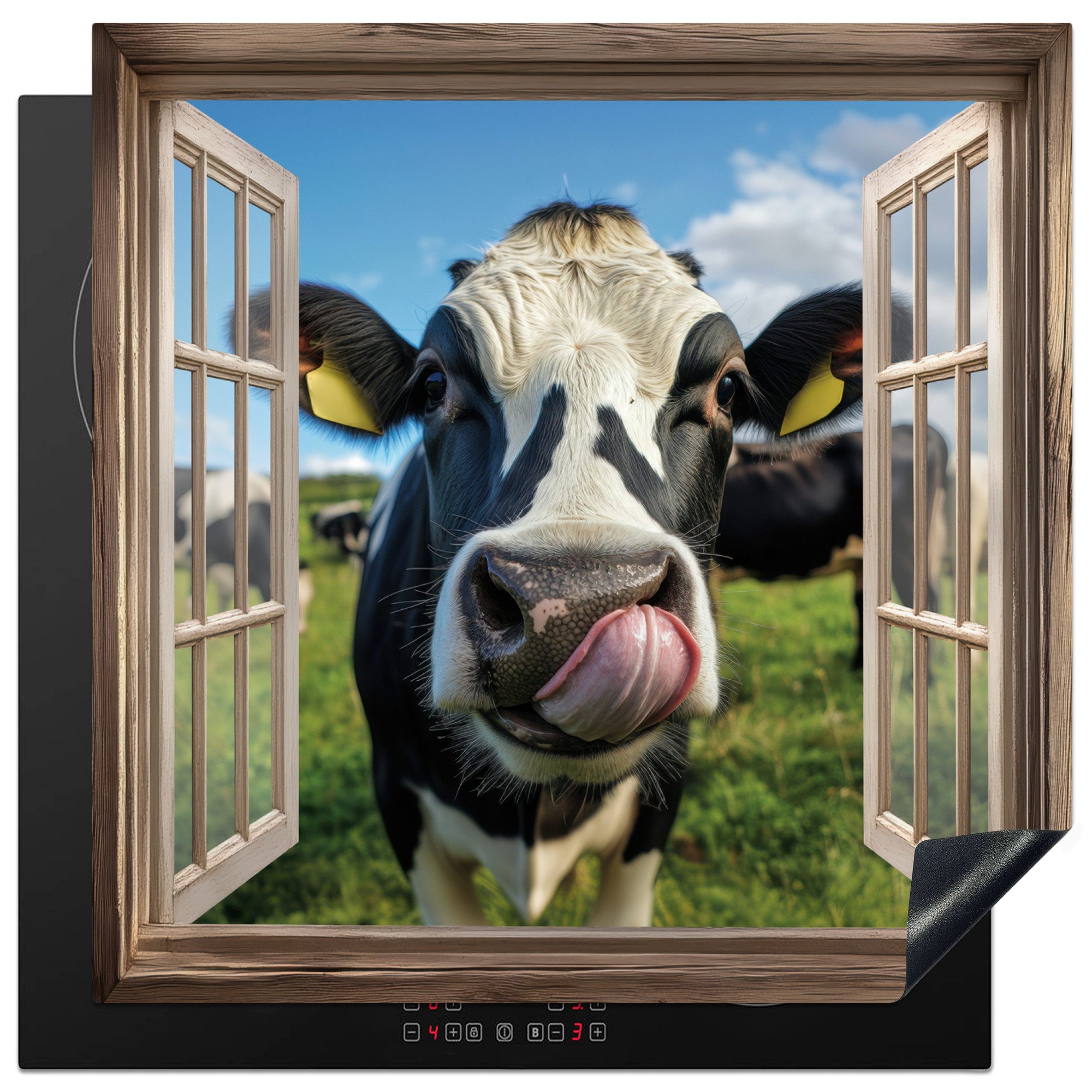 MuchoWow Herd-Abdeckplatte Durchgucken - Kuh - Wiese - Tiere - Natur, Vinyl, (1 tlg), Küche Herdabdeckung Ceranfeld Induktionsfeld Vinyl, 60x60 cm