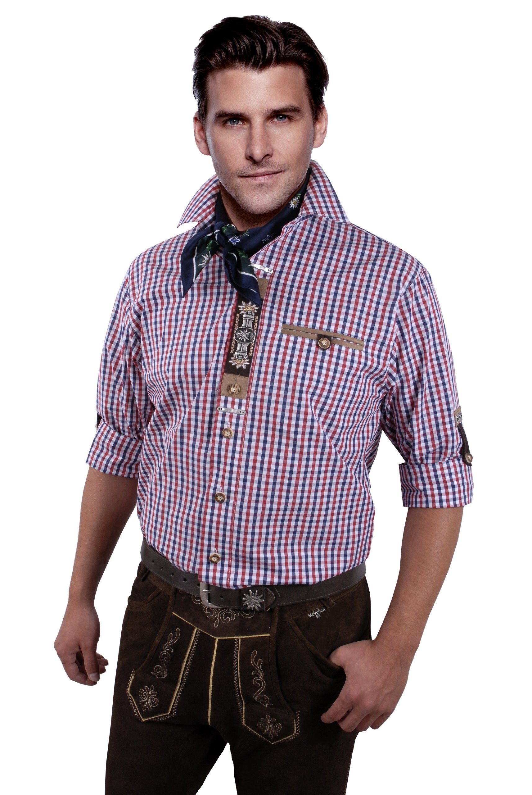 Moschen-Bayern Trachtenhemd Trachtenhemd Herren kariert Stickerei Edelweiß Wiesn-Hemd zur Lederhose Karo Herrenhemd Langarm Kurzarm Rot-Blau