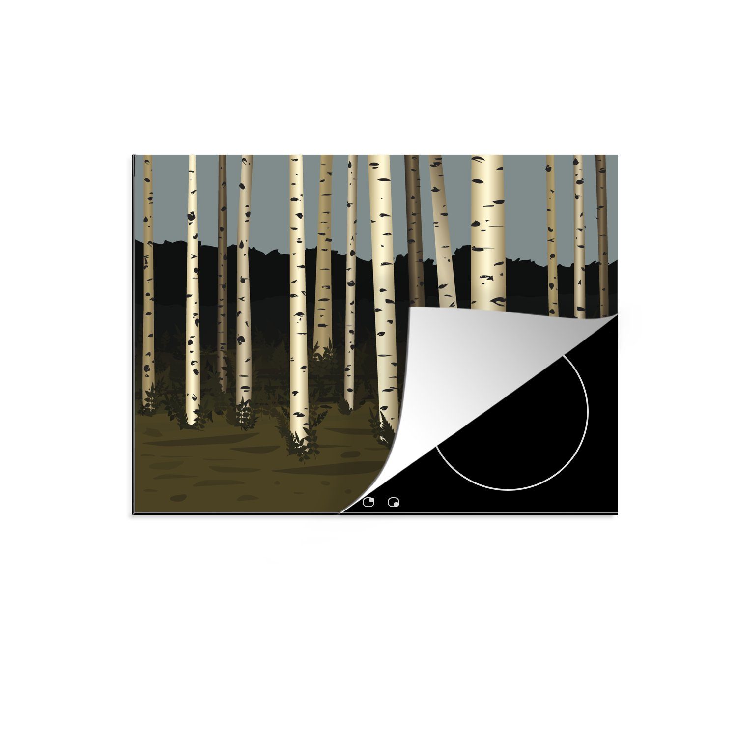 MuchoWow Herdblende-/Abdeckplatte Eine Illustration eines Waldes mit Birken, Vinyl, (1 tlg), 70x52 cm, Mobile Arbeitsfläche nutzbar, Ceranfeldabdeckung