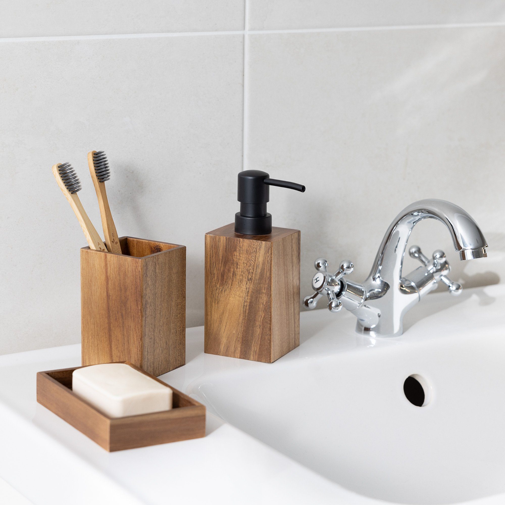 Navaris Badaccessoire-Set Badezimmer Set Holz 3-teilig günstig online kaufen