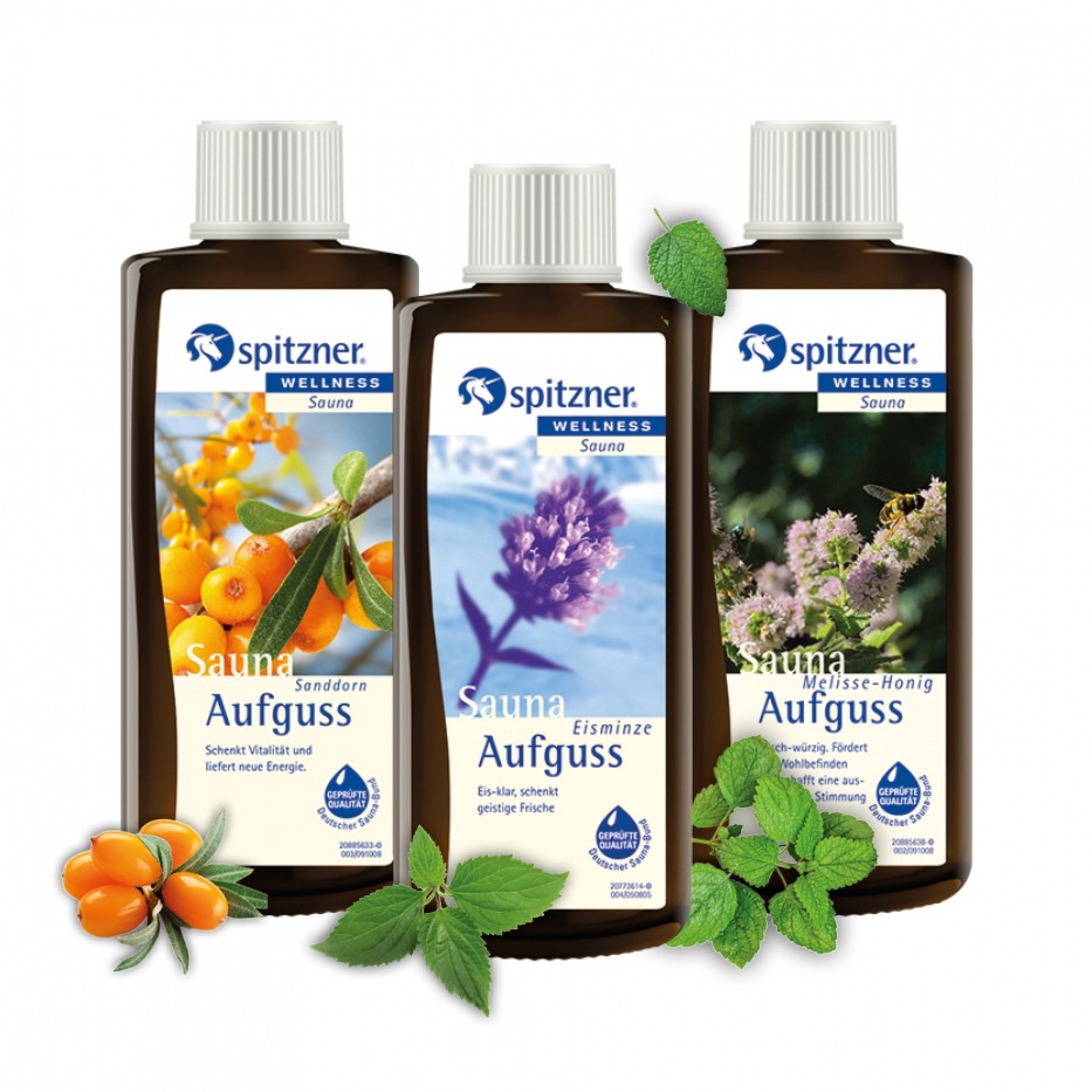 Spitzner Aufgusskonzentrat Spitzner Saunaaufguss Set Klar & Frisch 3x 190 ml Sanddorn, Eisminze