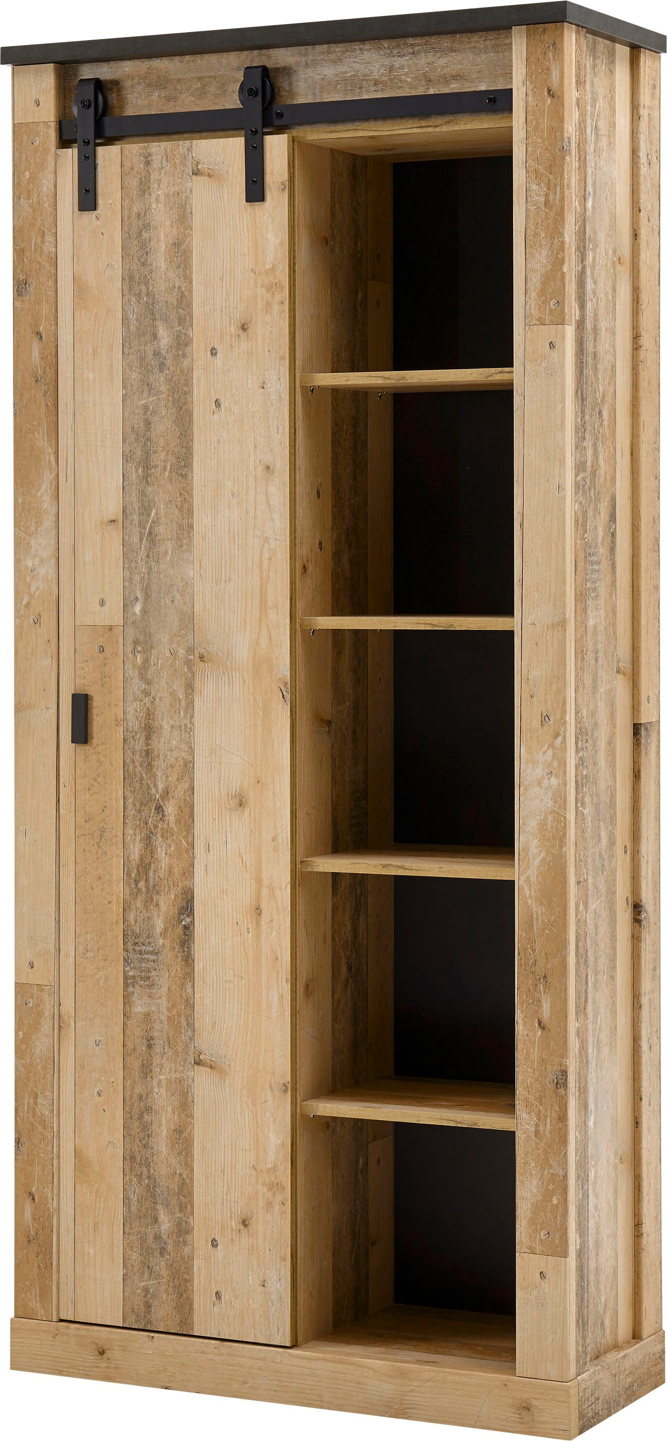 Home affaire Regal SHERWOOD, modernes Holz Dekor, mit Scheunentorbeschlag aus Metall, Höhe 201 cm