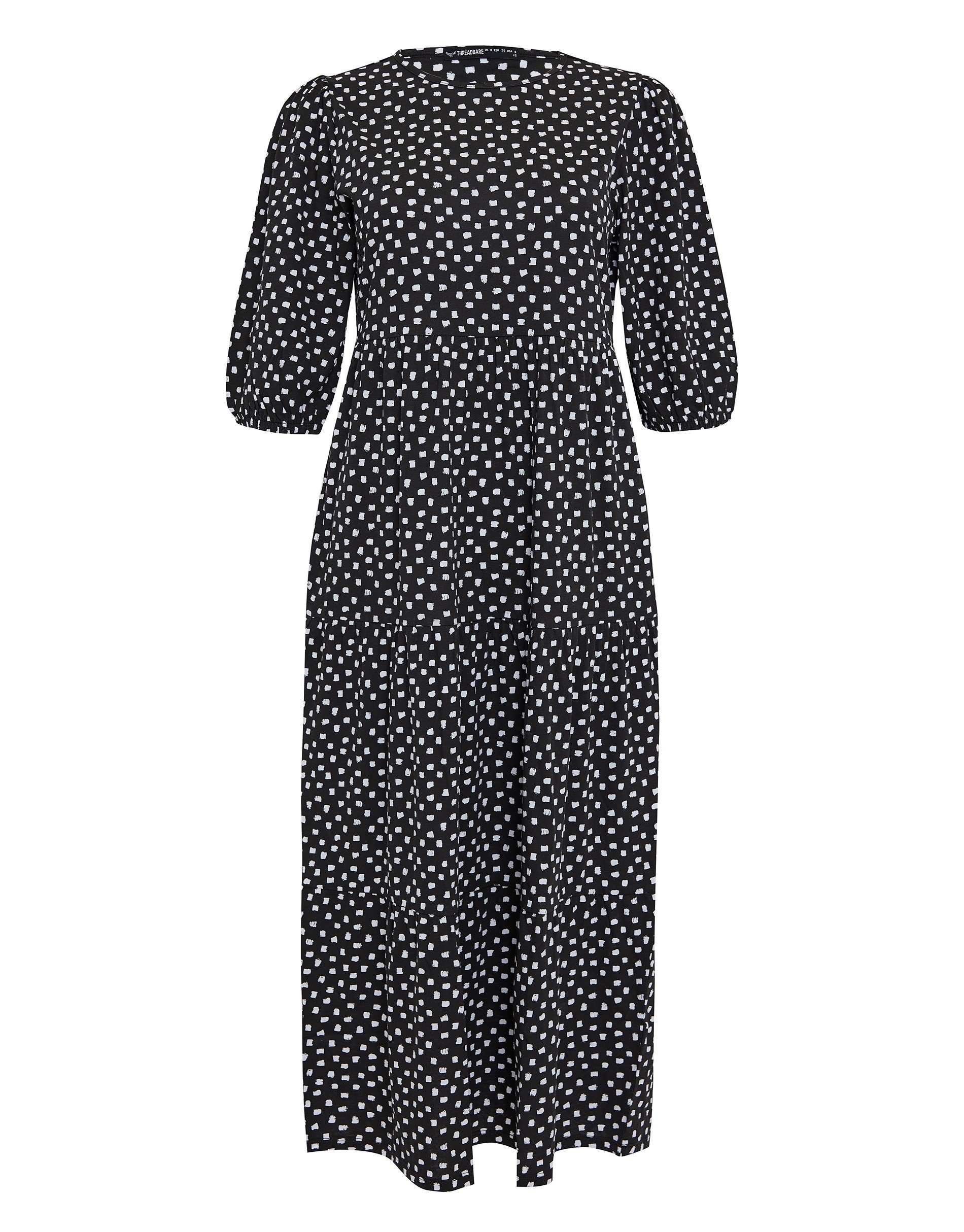 Tiered Finn Dress THB Black Midi gepunktet Sommerkleid Dot - Threadbare schwarz