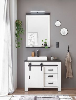 Furn.Design Badezimmer-Set Stove, (Komplett-Set 4-teilig, in Pinie weiß Landhaus), mit LED Spiegellampe, inklusive Waschbecken