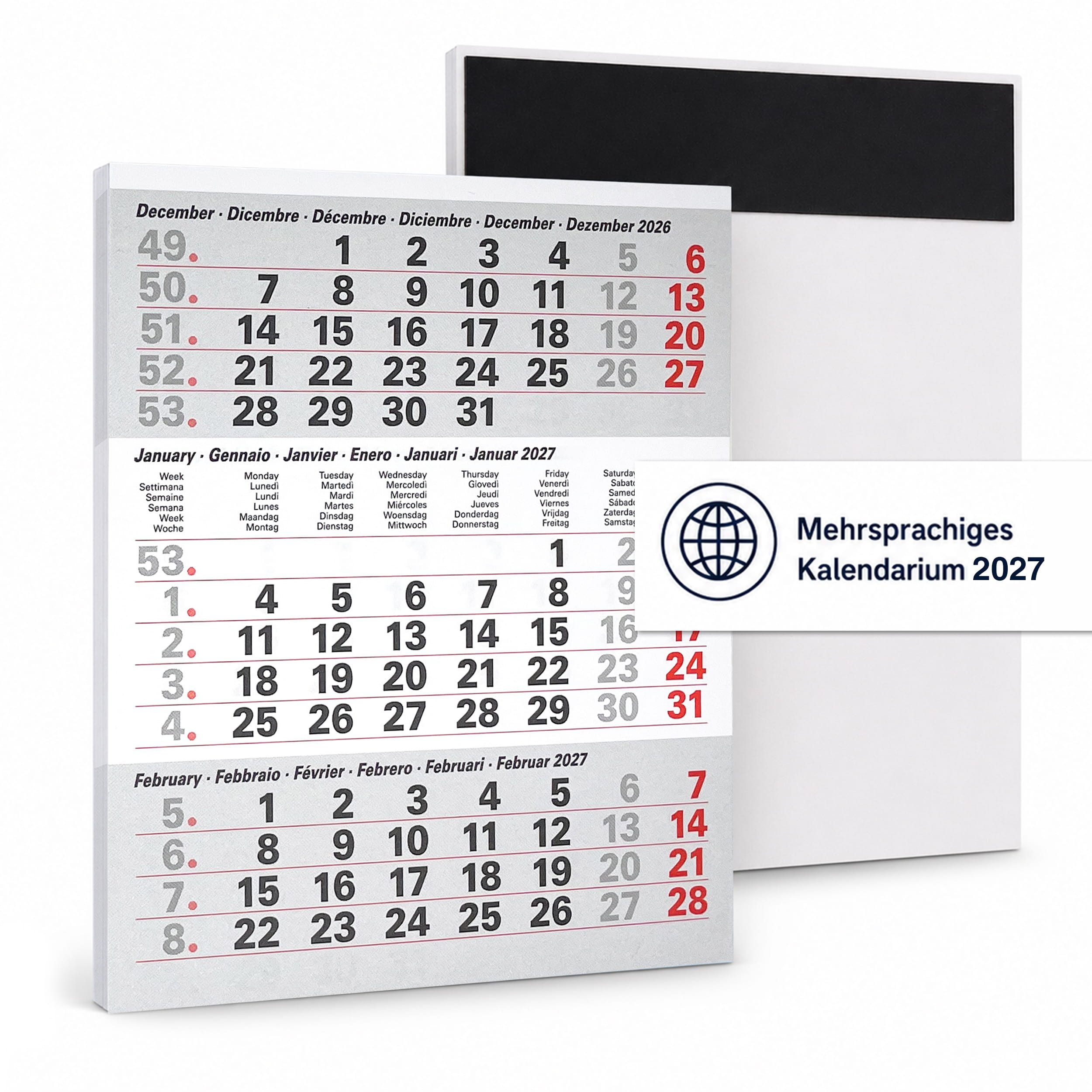 TOBJA Tischkalender Ersatz-Kalendarium 2027 magnetisch für Tischkalender (Titan), Ersatzblock, ohne Aufsteller, 3 Monate, magnetisch, Feiertage