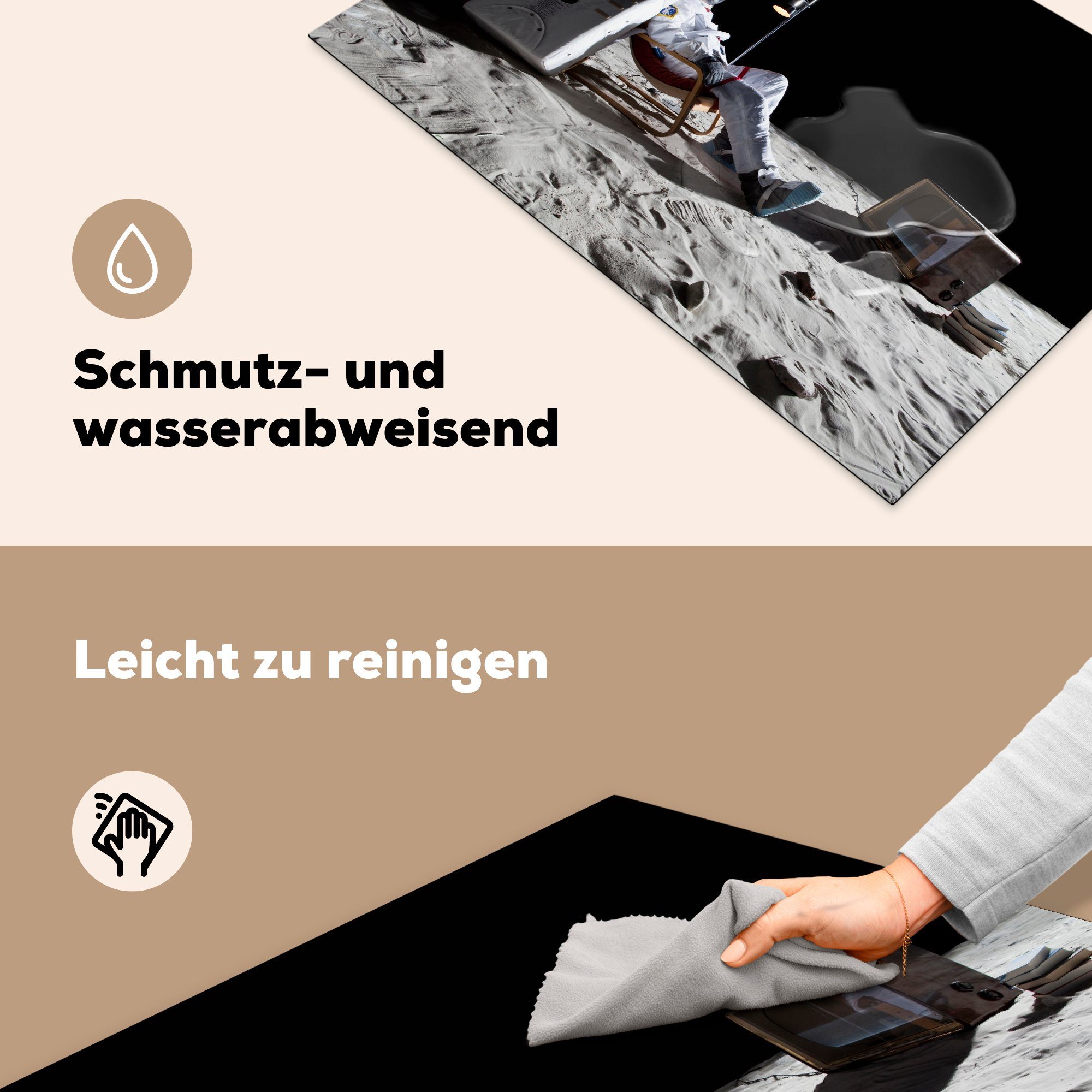 Herdblende-/Abdeckplatte MuchoWow Astronaut Schutz die für Mond Vinyl, Fernsehen, (1 cm, Ceranfeldabdeckung Induktionskochfeld küche, - tlg), - 81x52