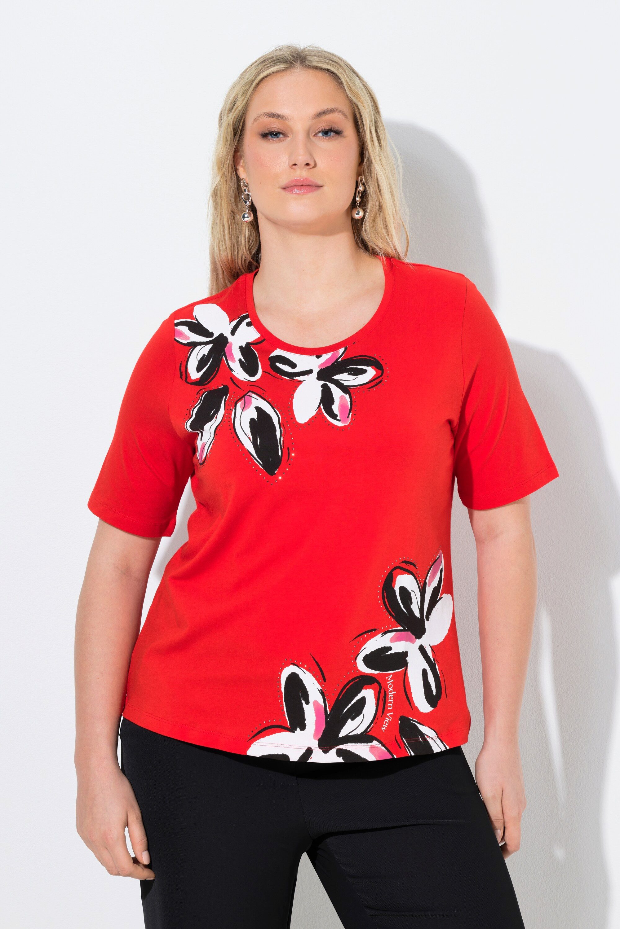 Ulla Popken T-Shirt T-Shirt Blüten Ziersteine Rundhals Halbarm