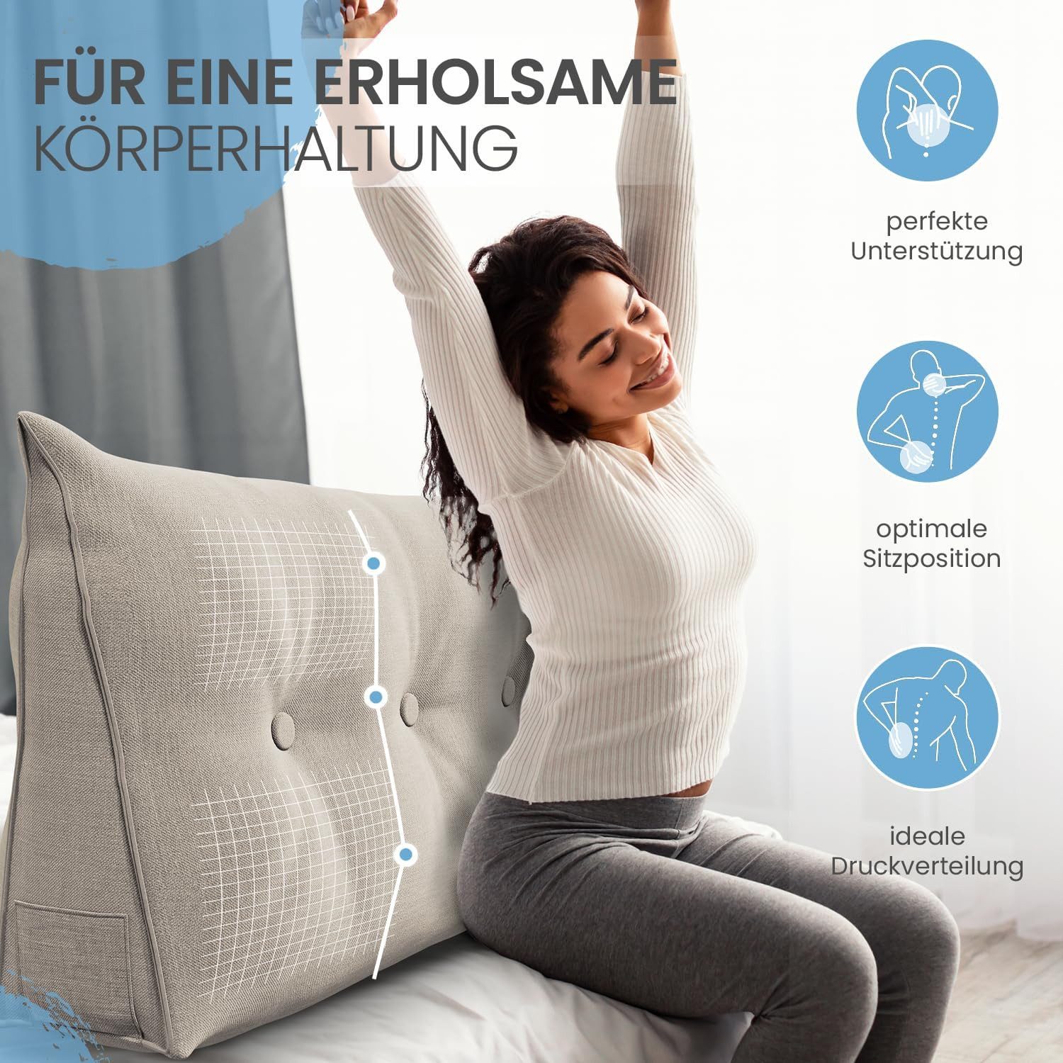 ELONEO Rückenkissen Keilkissen für Bett und Sofa, Lesekissen mit praktischem Seitenfach, 1-tlg., mit praktischem Seitenfach, Lesekissen, mit waschbarem Bezug